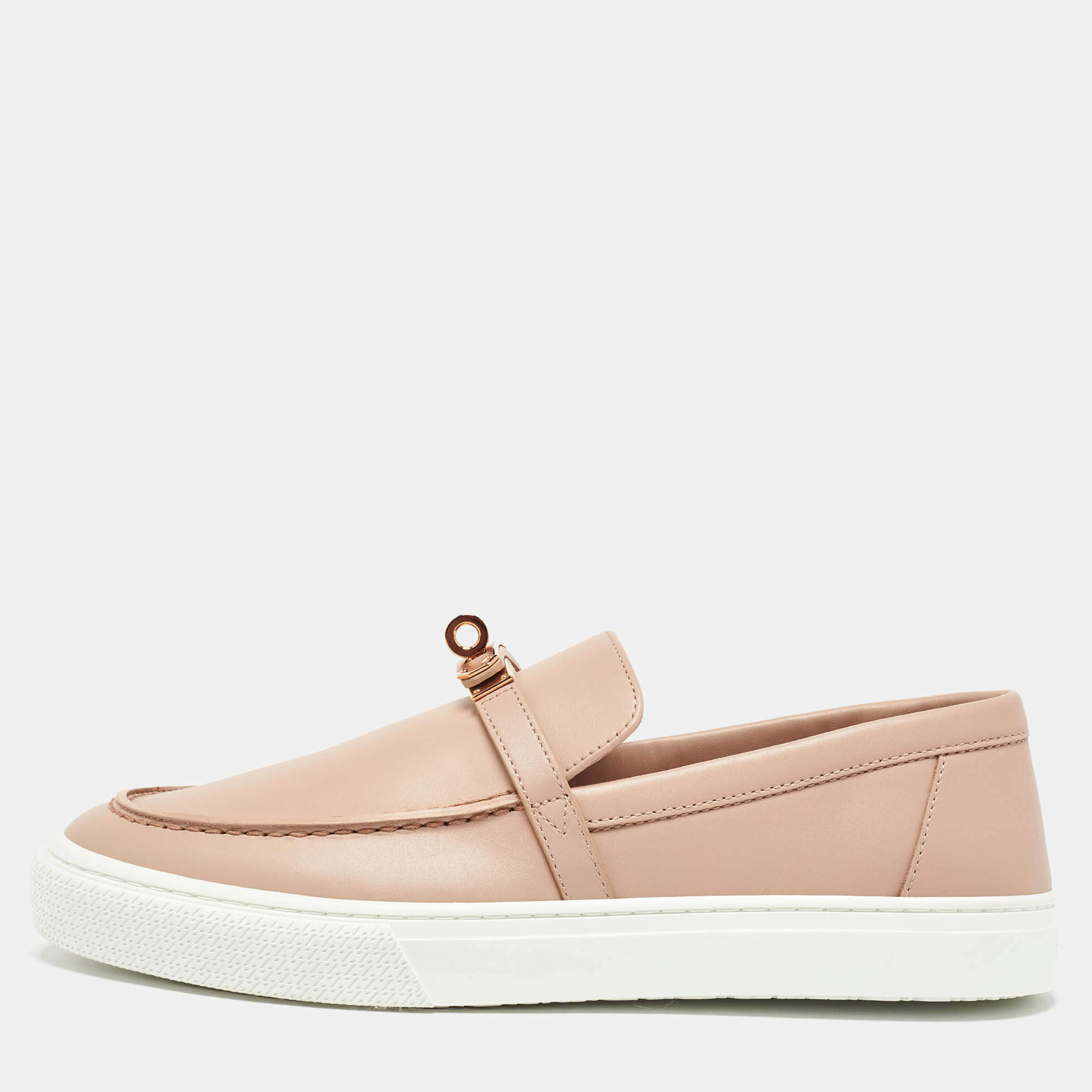 Pre Owned Hermes Beige Leather Game Slip on Loafers Size 39.5