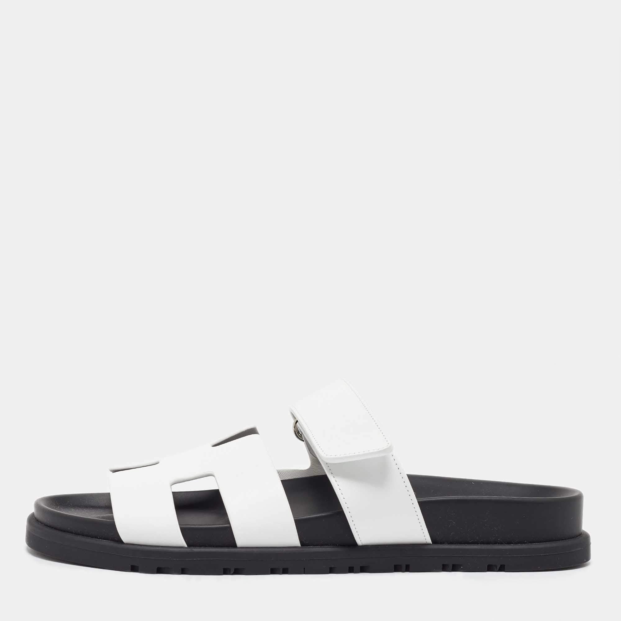Hermes White Leather Chypre Flat Sandals Size 37.5
