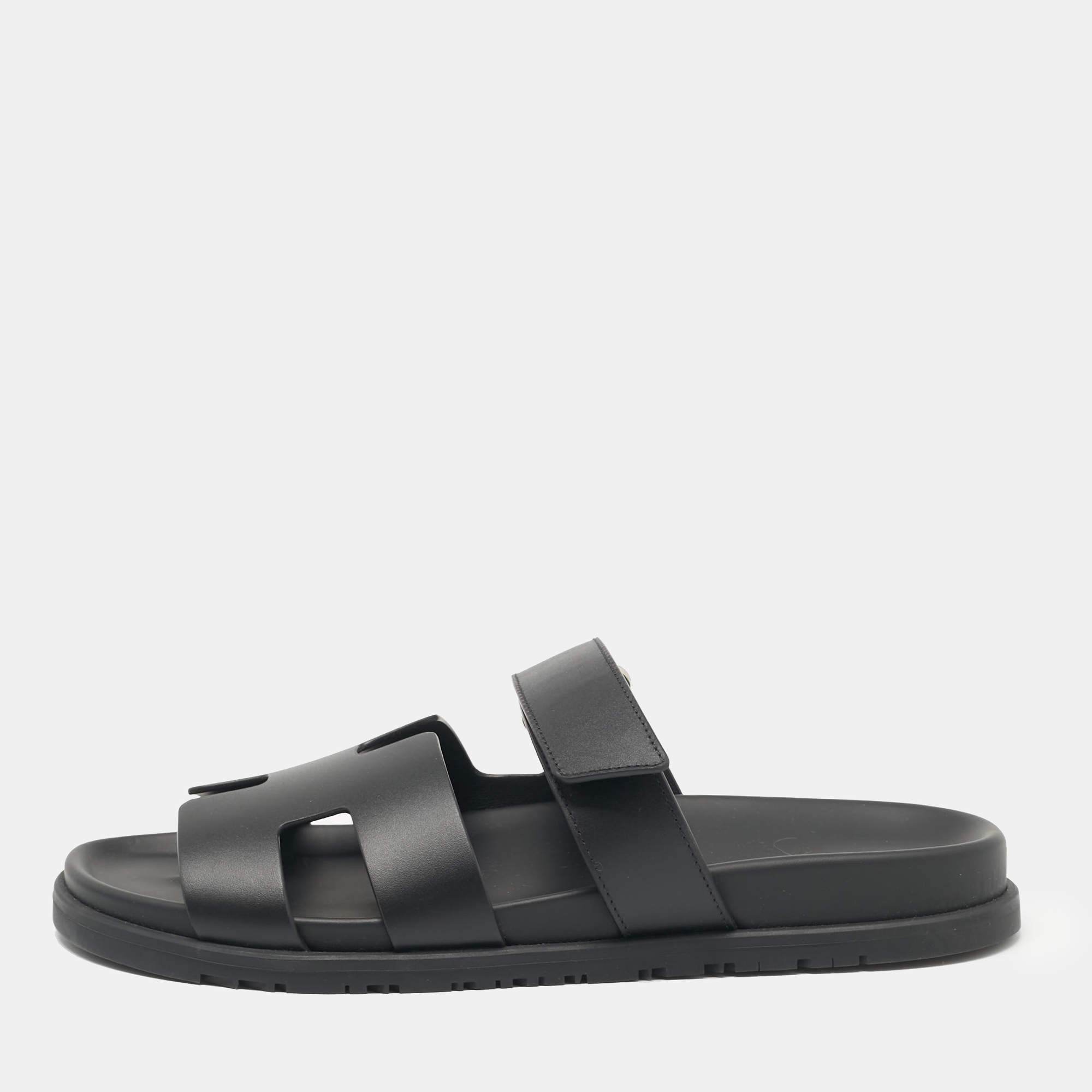Hermes Black Leather Chypre Sandals Size 42