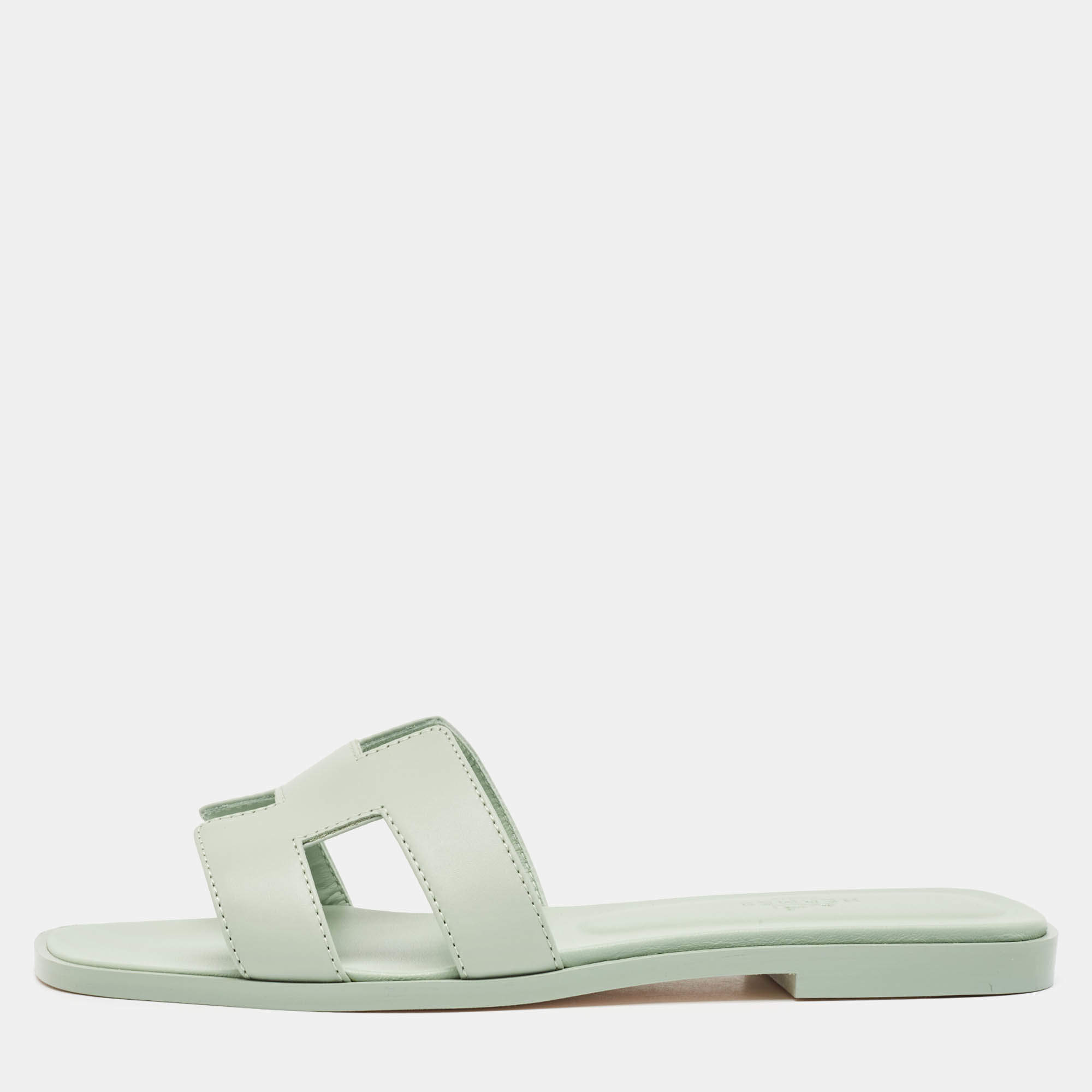 Hermes Mint Green Leather Oran Flat Slides Size 37.5