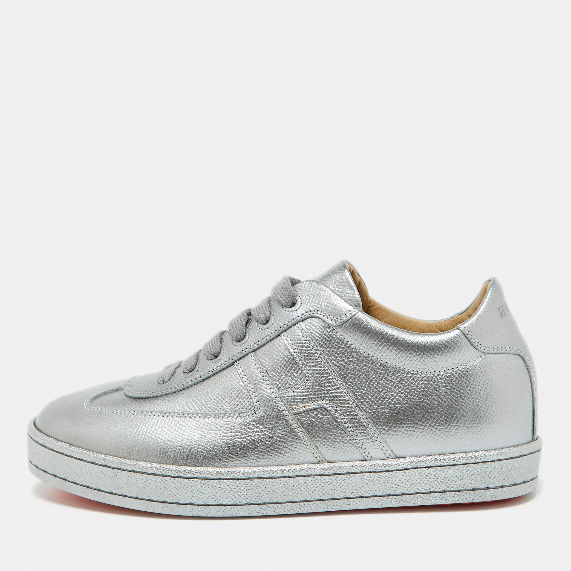 Hermes Silver Leather Quicker Low Top Sneakers Size 36.5