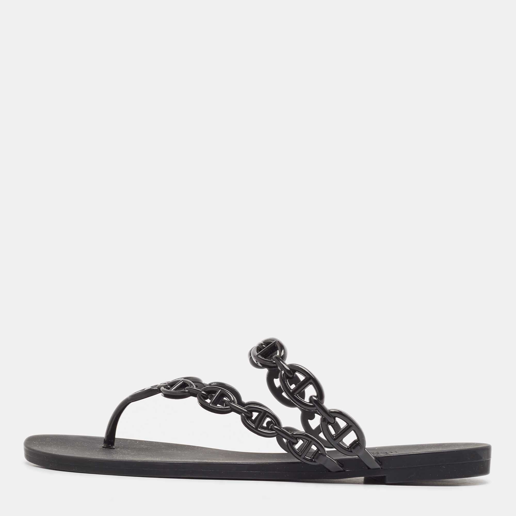 Hermès Black Rubber Chaine d'Ancre Rivage Slide Sandals Size 38