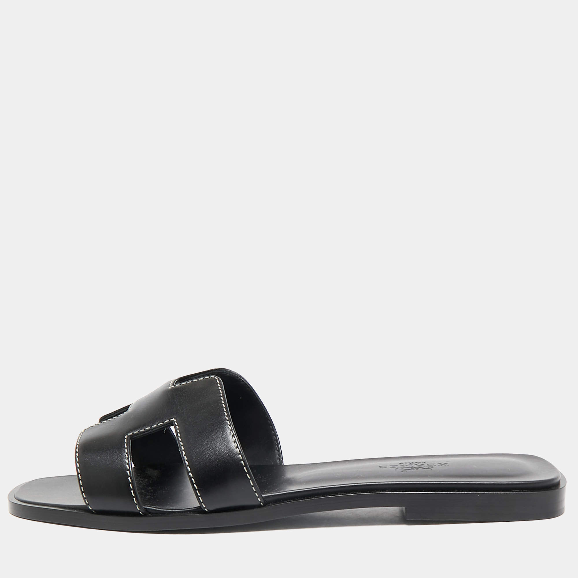 Hermes Black Leather Oran Flat Slide Sandals Size 38