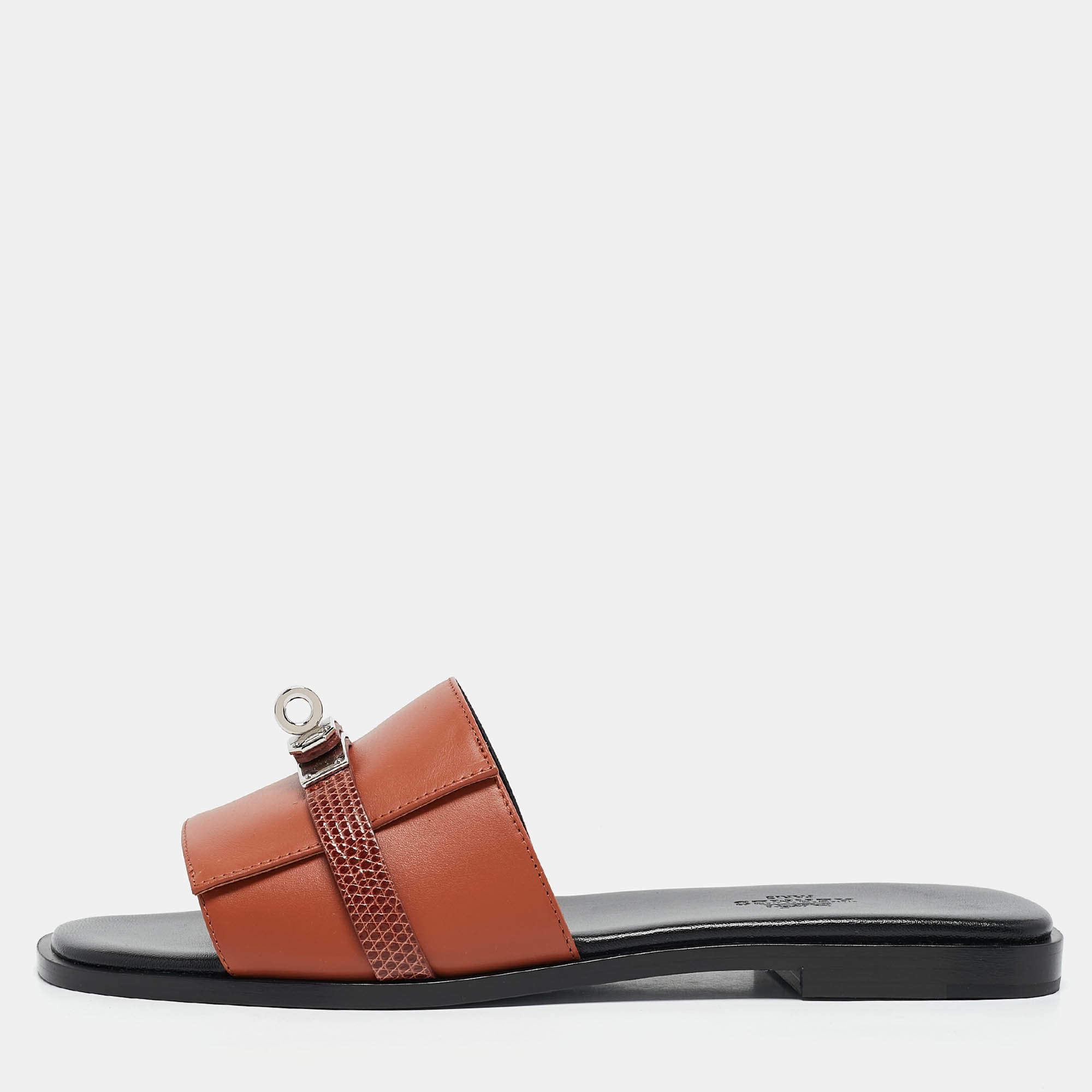 Hermes Brown Lizard and Leather Giulia Flat Slides Size 38