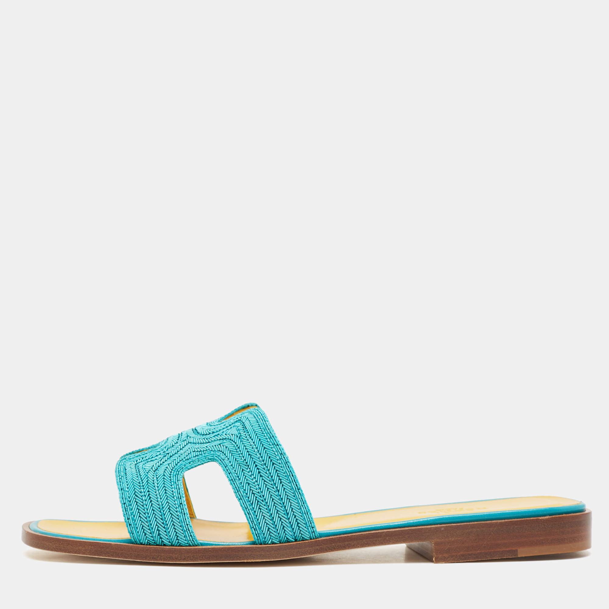 Hermes Blue Twisted Metal Thread Oran Flat Slides Size 36