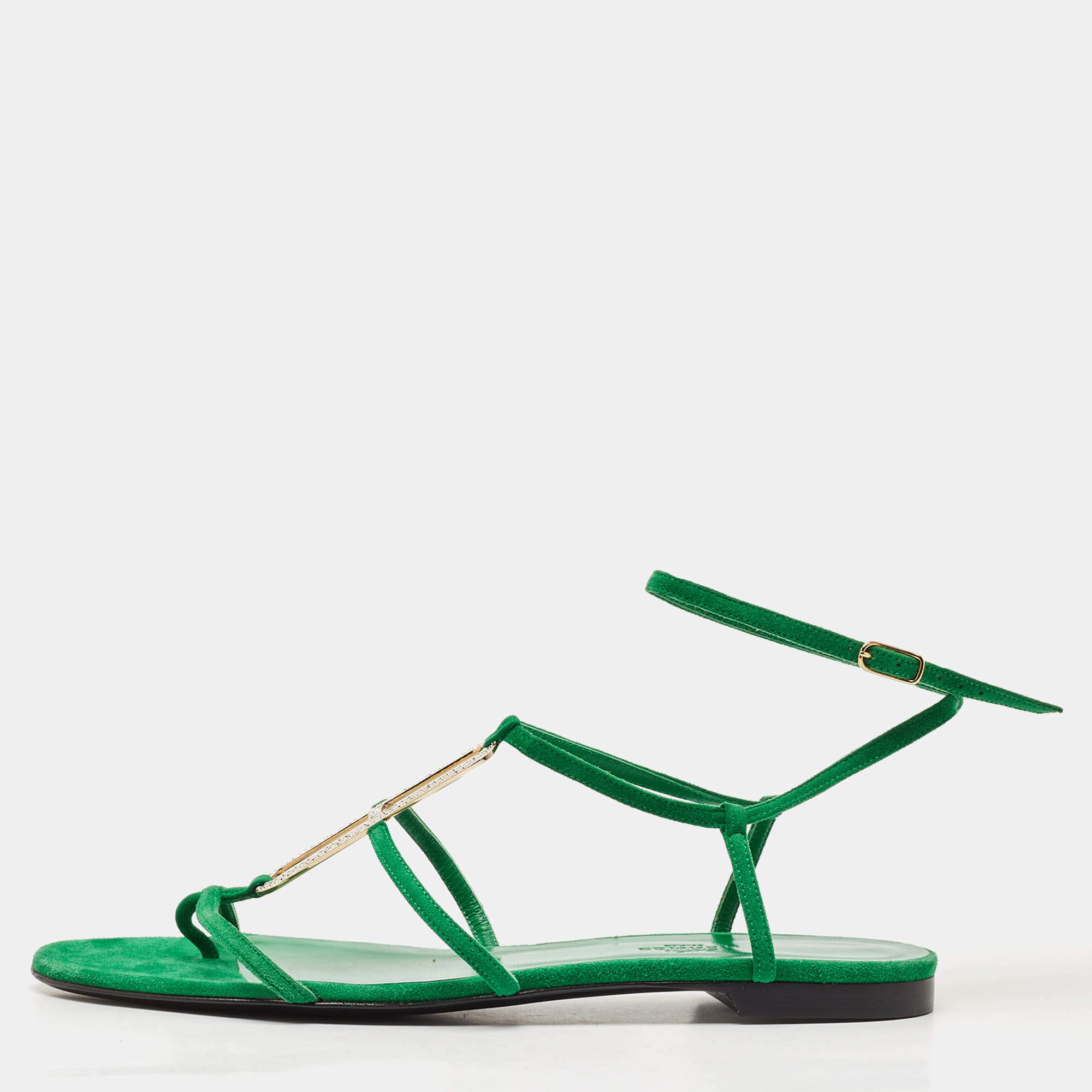 Hermes Green Suede Diamante Ankle Wrap Flat Sandals Size 40