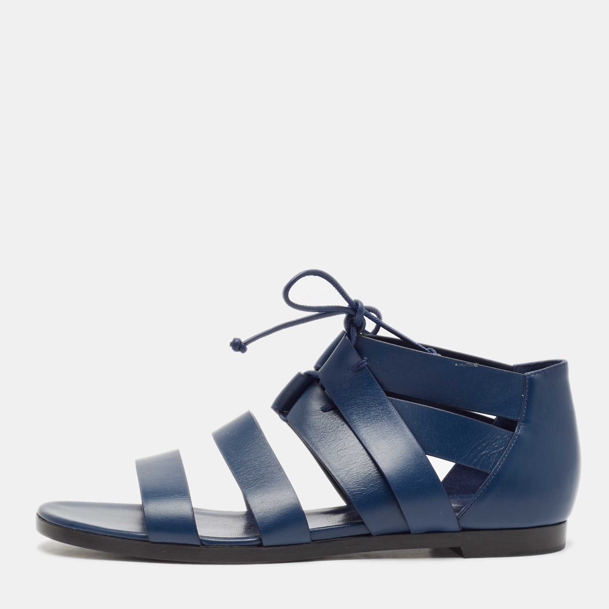 Hermes Navy Blue Leather Gladiator Flat Sandals Size 38.5