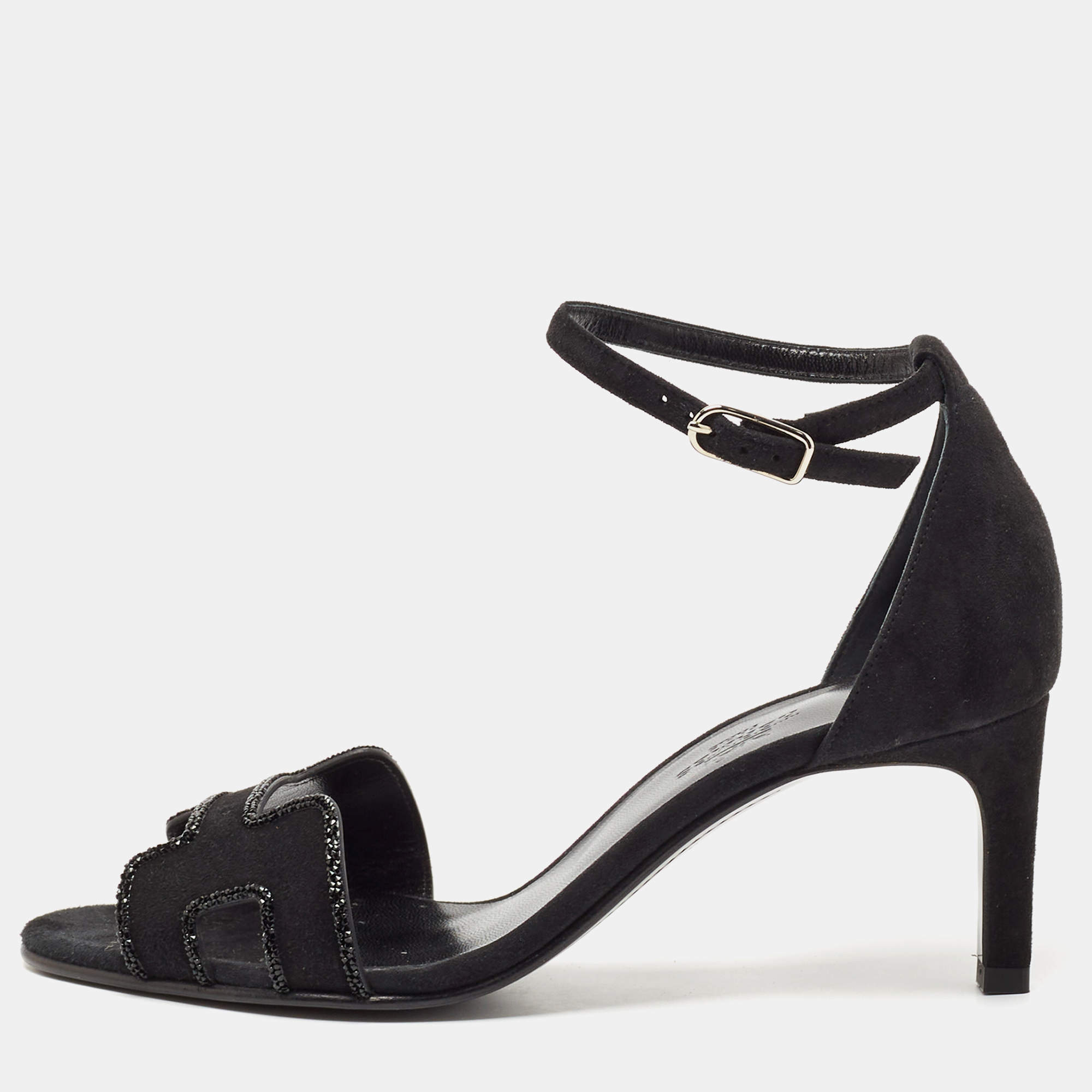 Pre Owned Hermes Black Suede Crystal Embellished Premiere Sandals Size 36.5