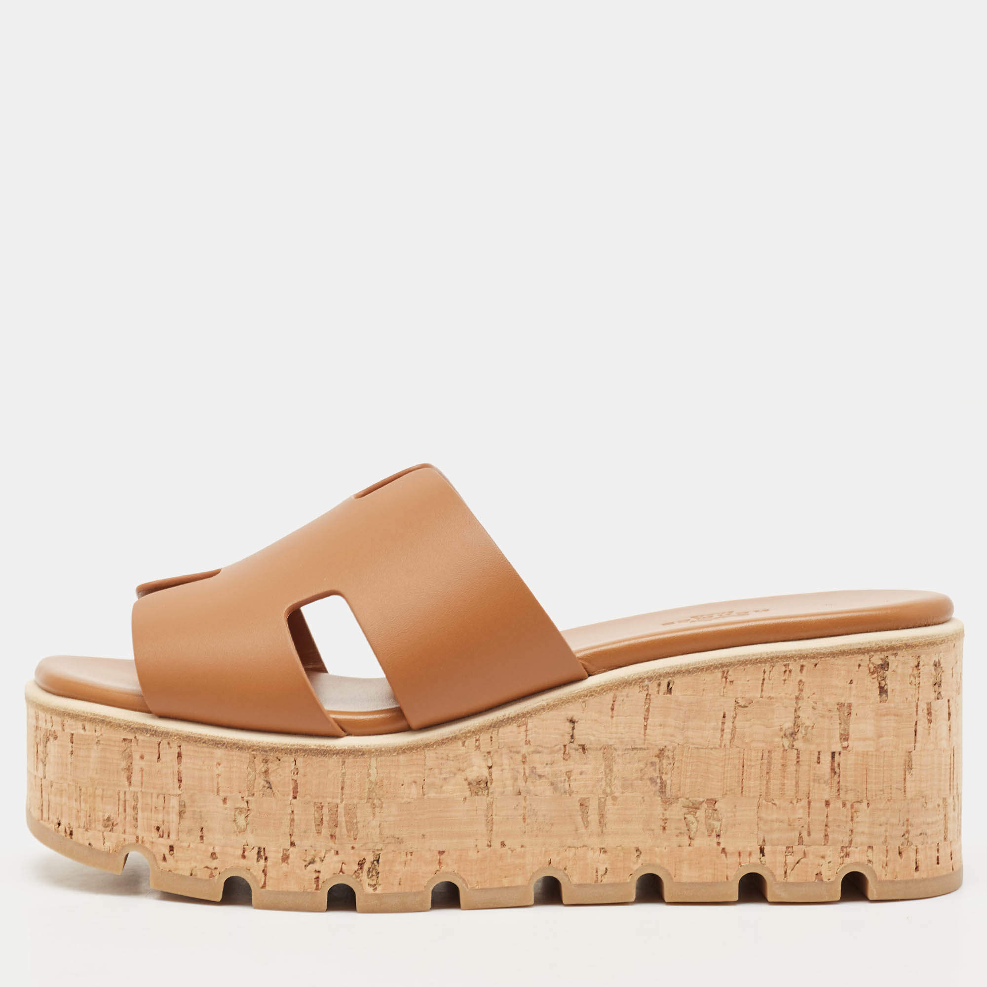 Hermes Brown Leather Eze Platform Cork Wedge Sandals Size 38