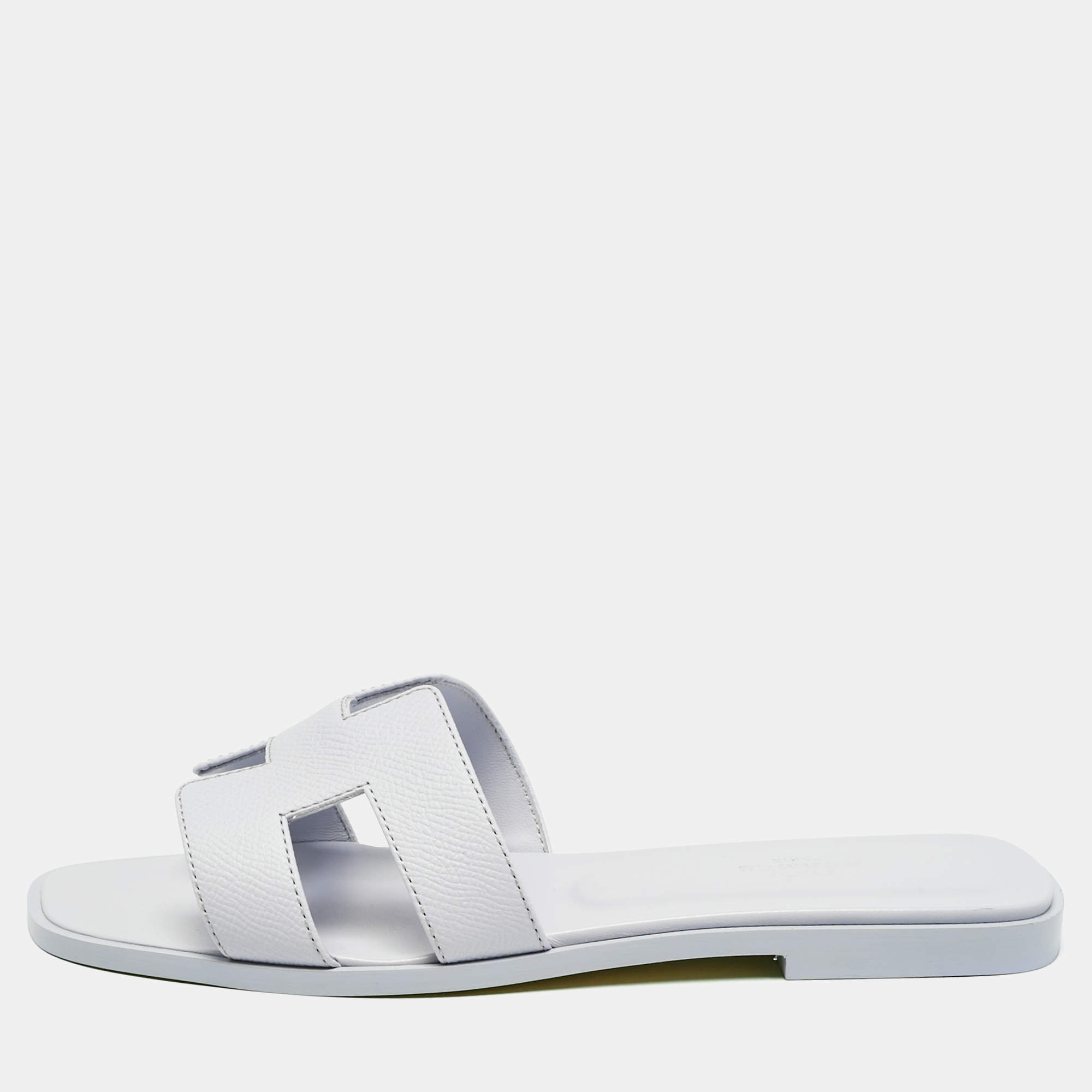 Pre Owned Hermes Blue Glacier Leather Oran Flat Slides Size 37.5