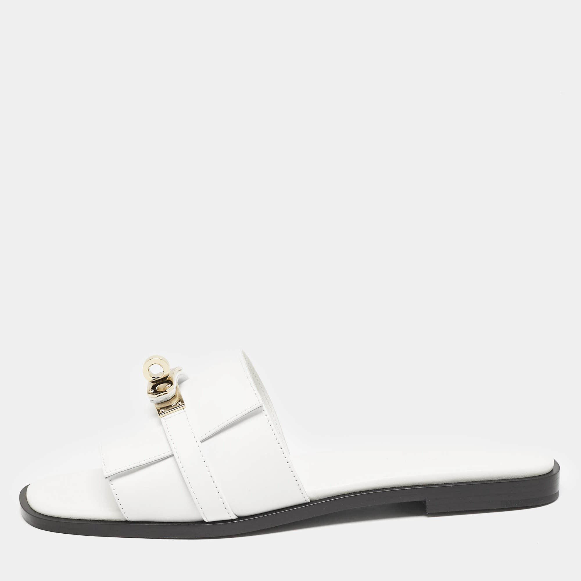 Pre Owned Hermes White Leather Giulia Flat Slides Size 37