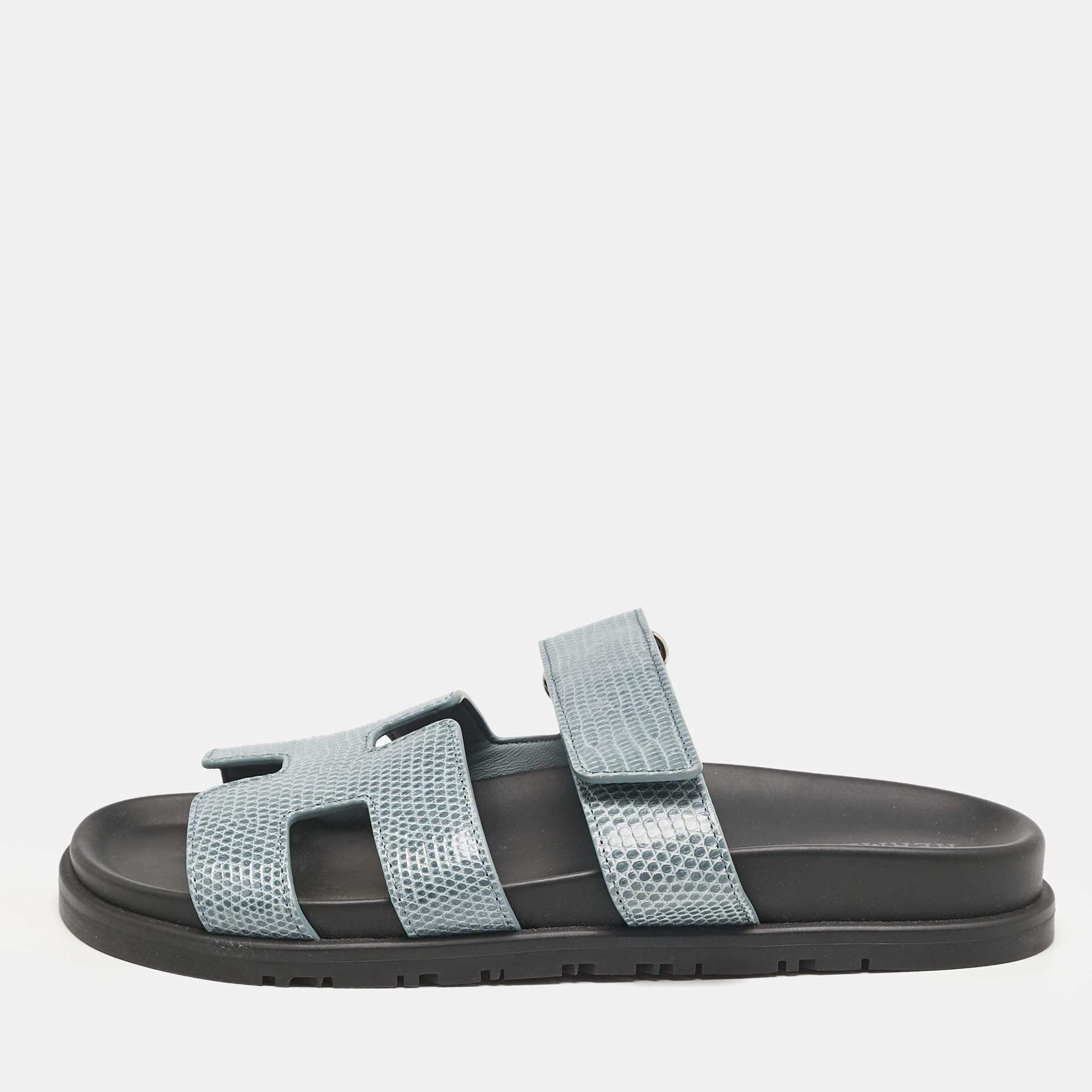 Hermes Blue Lizard Leather Chypre Flat Sandals Size 38