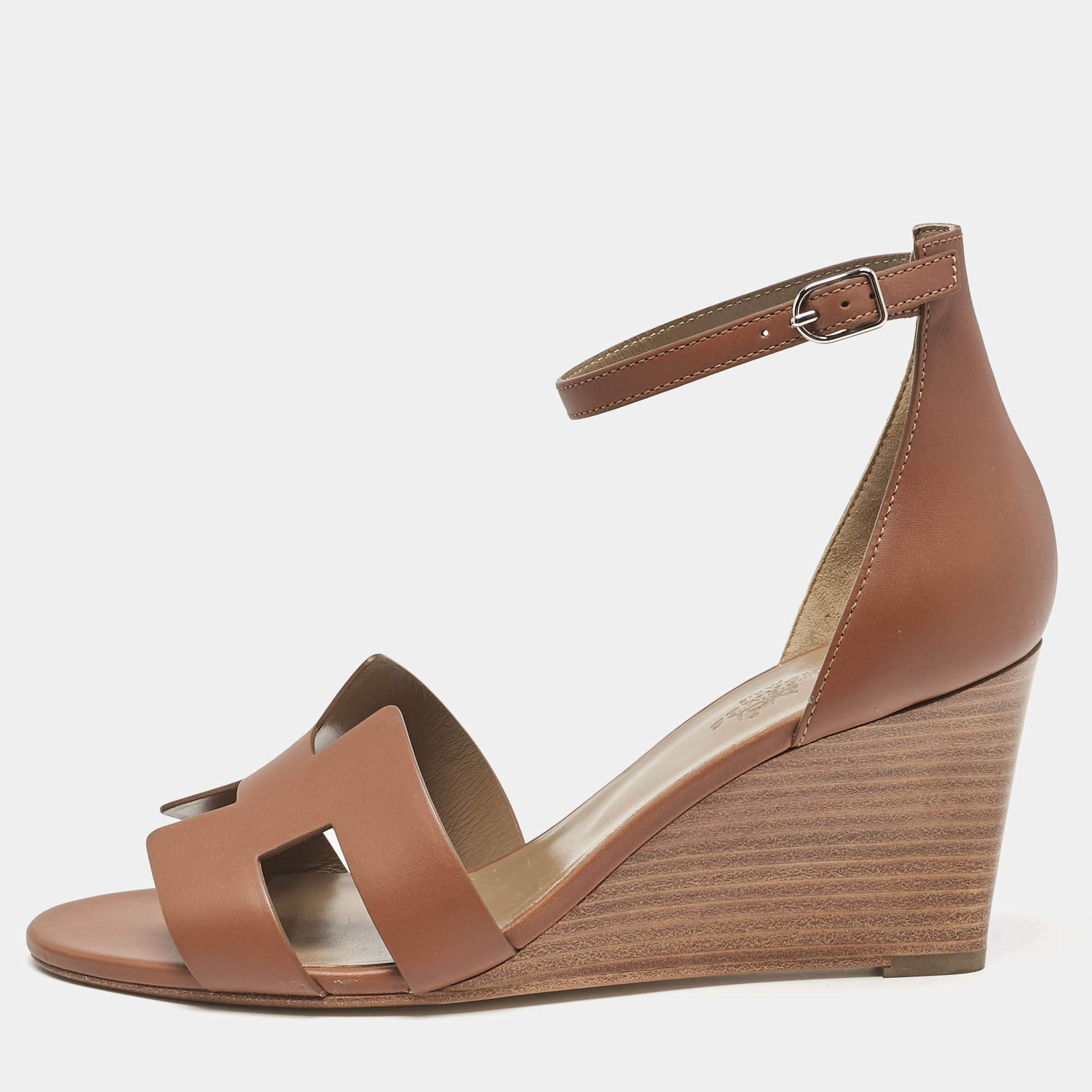 Pre Owned Hermes Brown Leather Legend Wedge Sandals Size 41