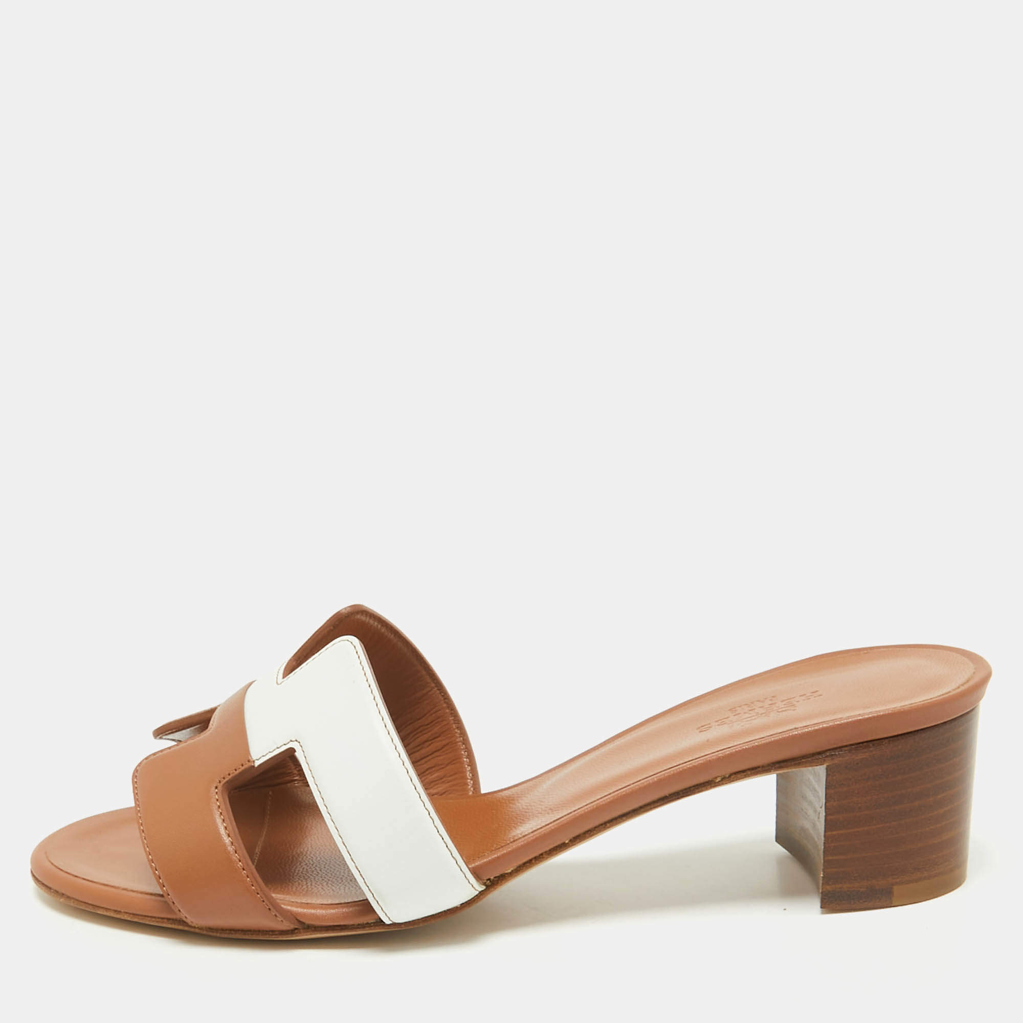 Hermes Brown/White Leather Oasis Slide Sandals Size 36.5
