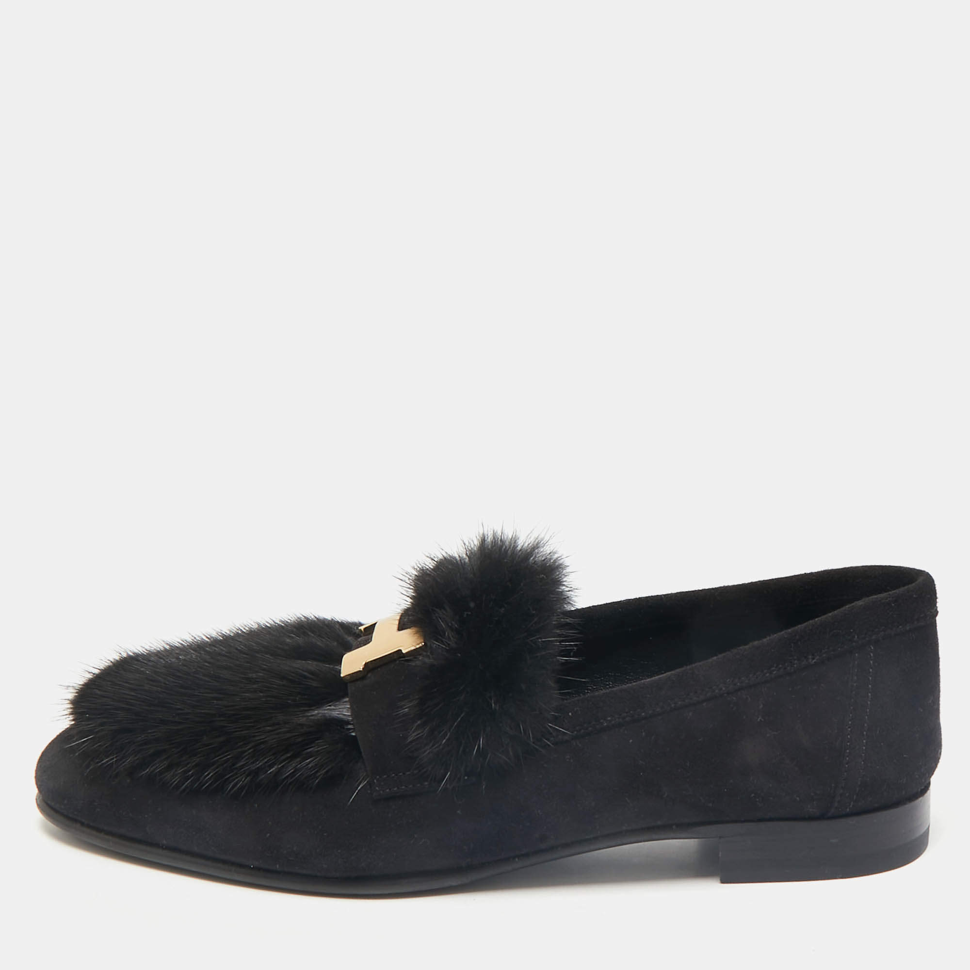 Hermès Black Mink Fur and Suede Smoking Slippers Size 36