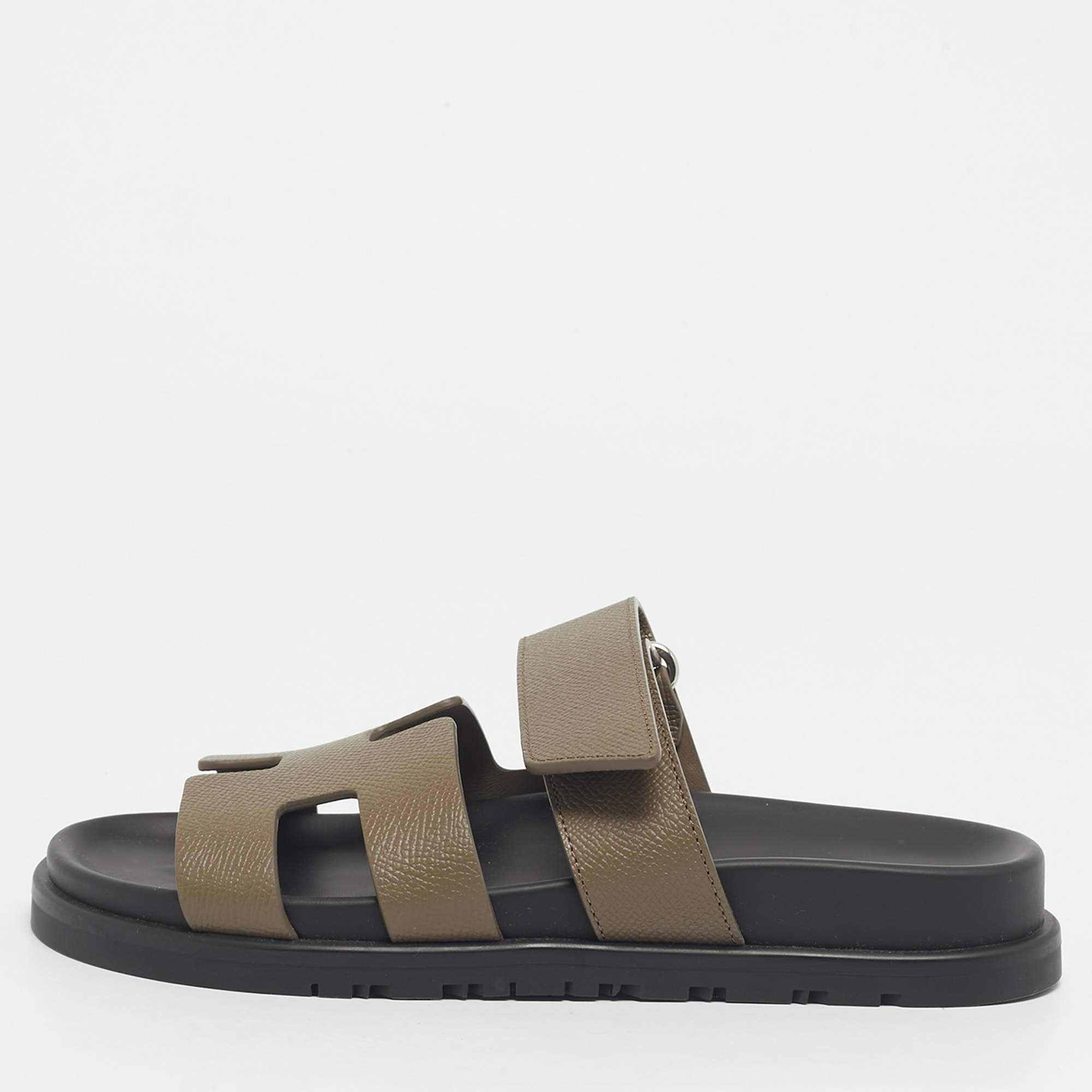 Pre Owned Hermes Green Leather Chypre Slide Sandals Size 34