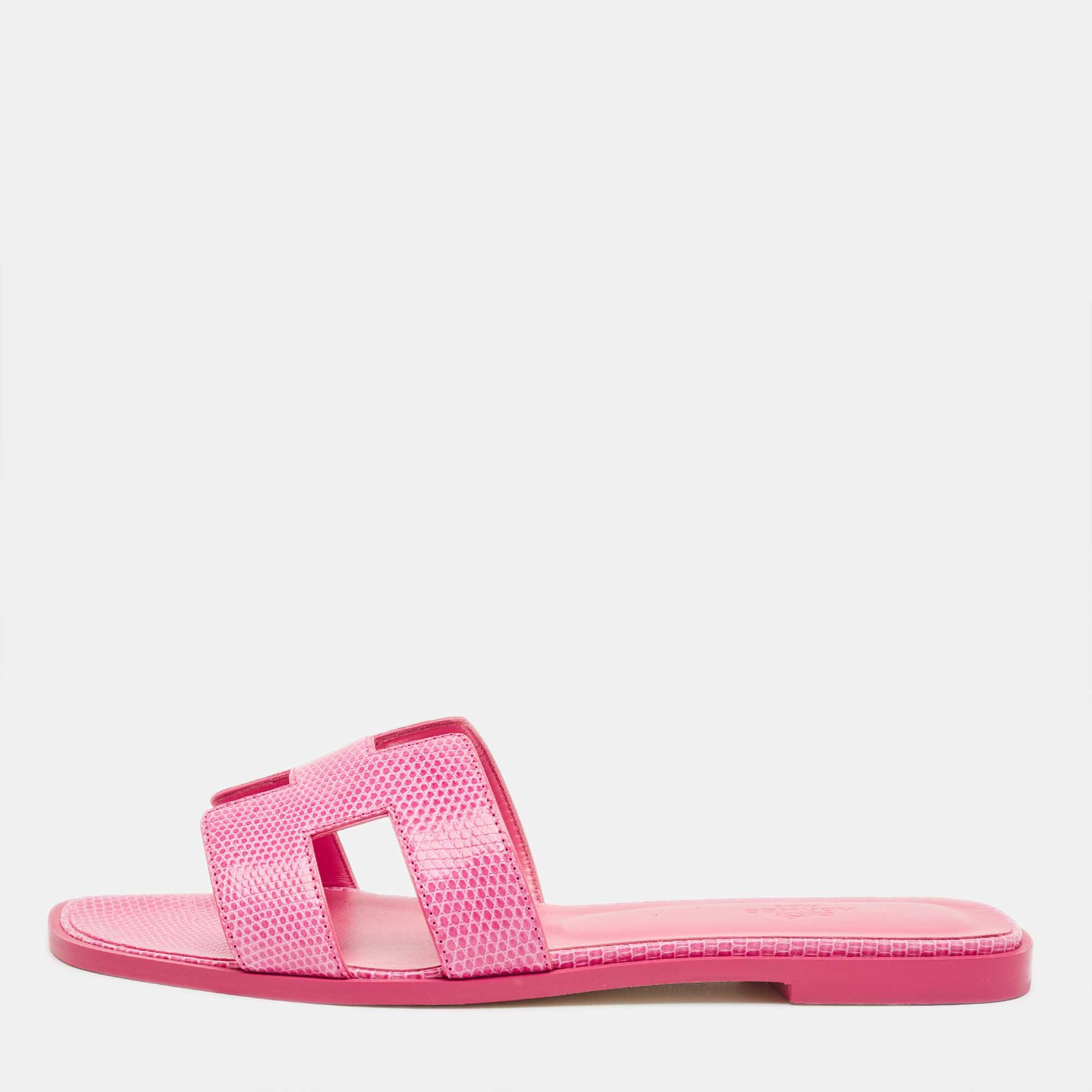 Pre Owned Hermès Pink Lizard Oran Flat Slides Size 40