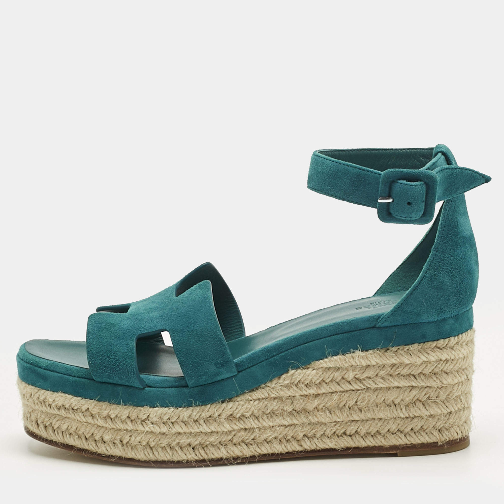 Pre Owned Hermes Blue Suede Elda Wedge Sandals Size 39