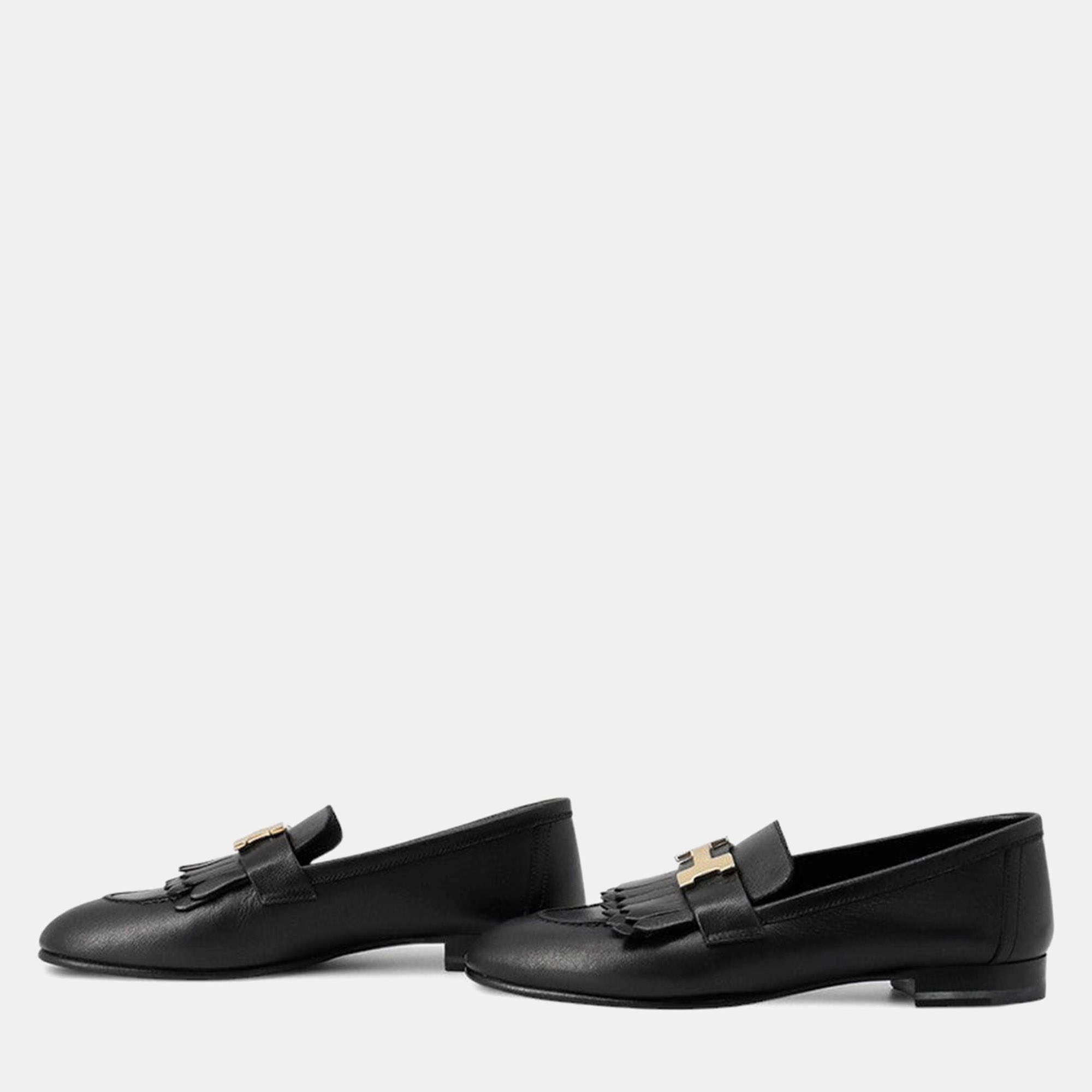 Pre Owned Hermes Mocassins Royale Black Leather Size 35.5