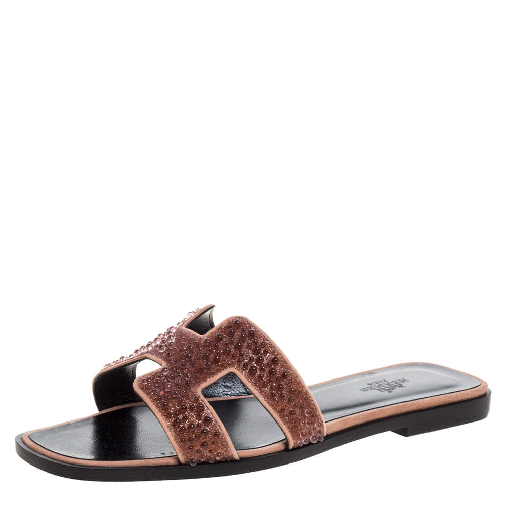 Hermes Suede Leather Pearl Embellished Oran Flat Slides Size 37 