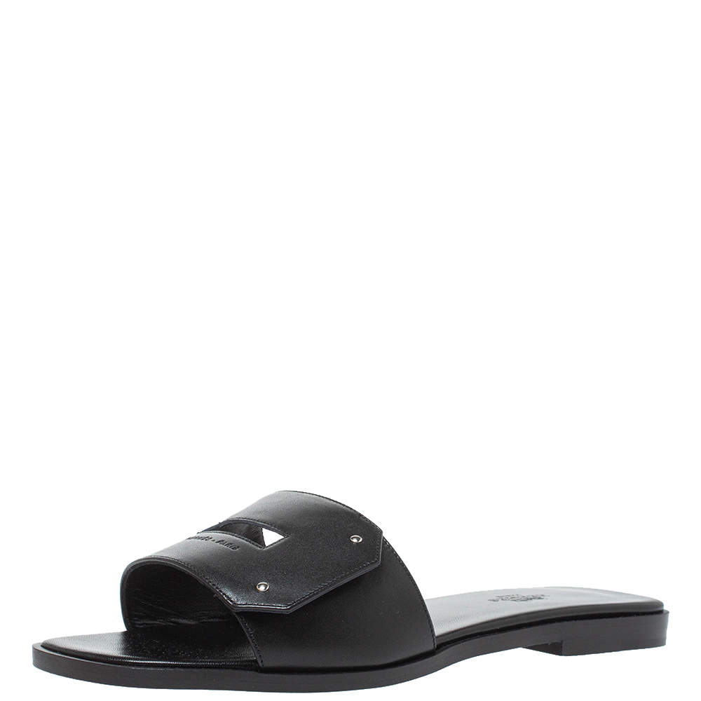 مملوكة مسبقًا Hermes Black Leather View Slide Sandals Size 38