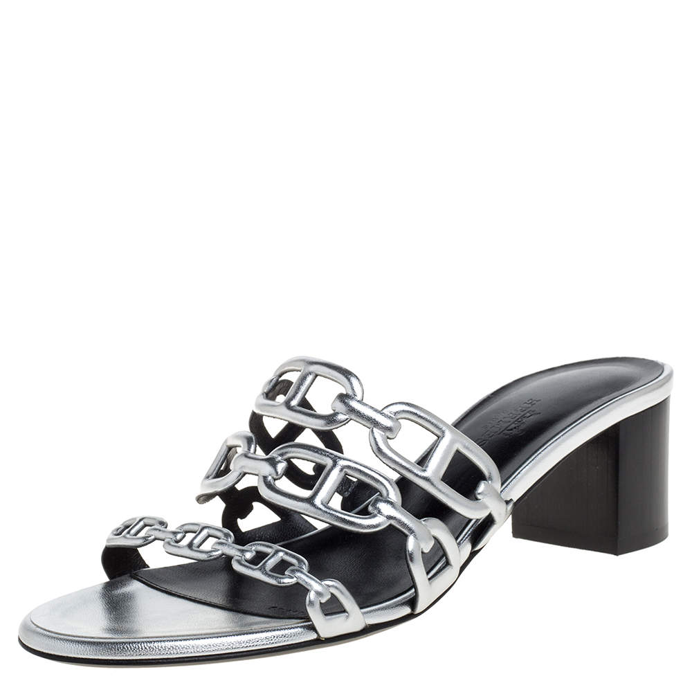 مملوكة مسبقًا Hermes Silver Leather Tandem Slide Sandals Size 36