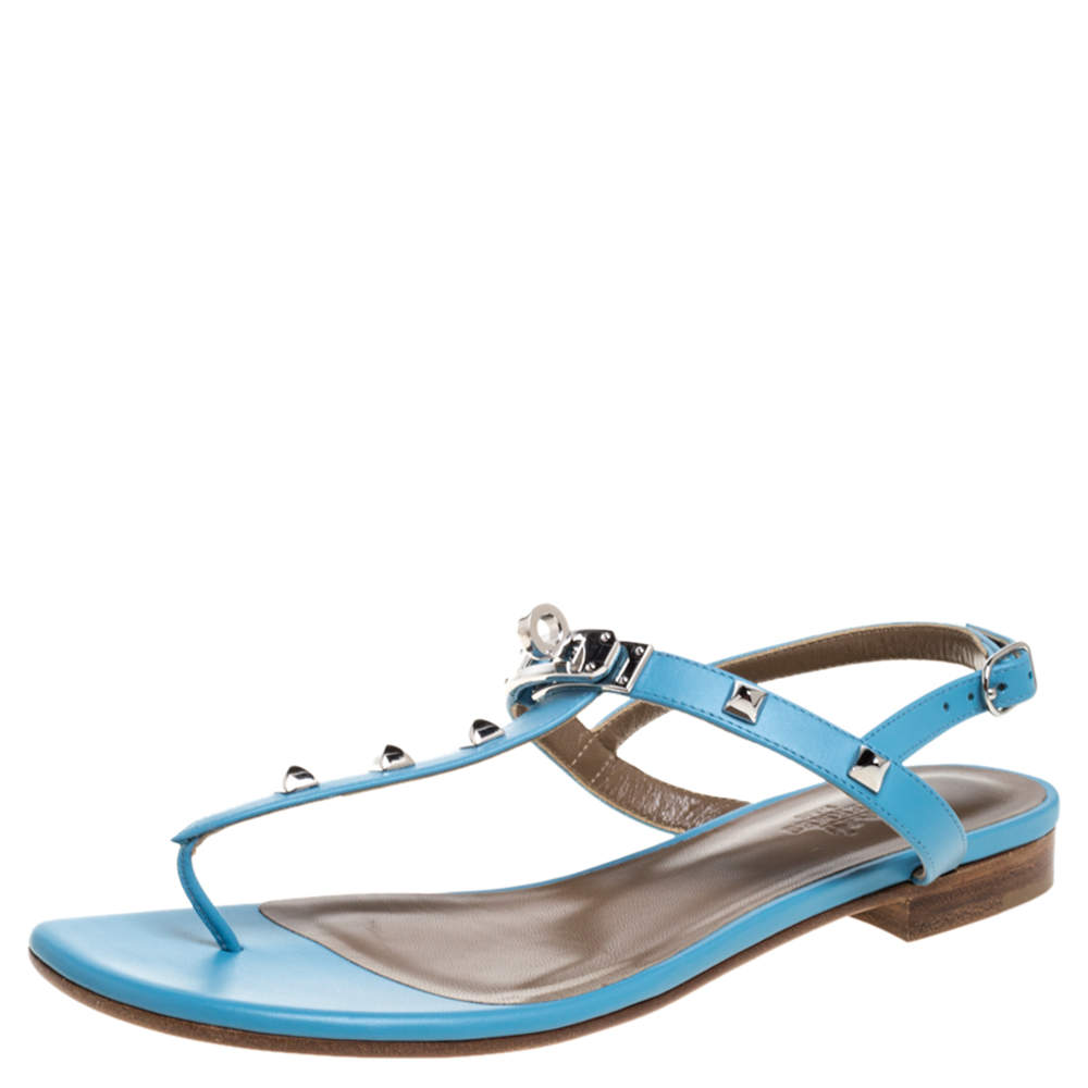 Pre Owned Hermes Blue Leather Olivia Ankle Strap Sandals Size 37.5