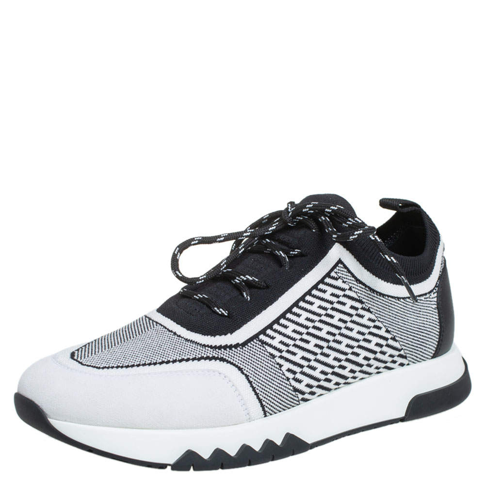 Pre Owned Hermes Black/White Suede And Knit Fabric Addict Sneakers Size 38.5