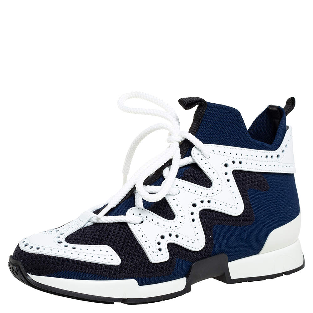 Pre Owned Hermes Multicolor Knit Fabric And Brogue Leather Action High Top Sneakers Size 36