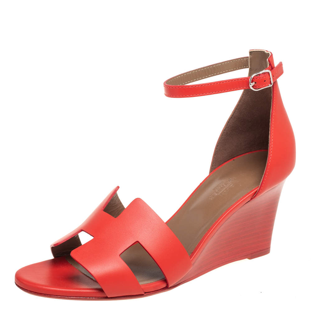 Pre Owned Hermes Red Leather Legend Ankle Strap Wedge Sandals Size 40