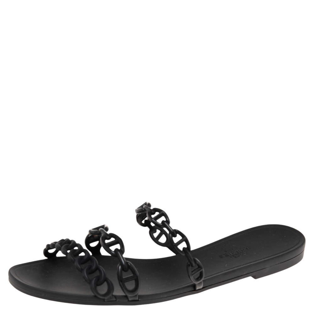 Hermes Black Rubber D'ancre Chaine Rivage Flat Slides Size 39