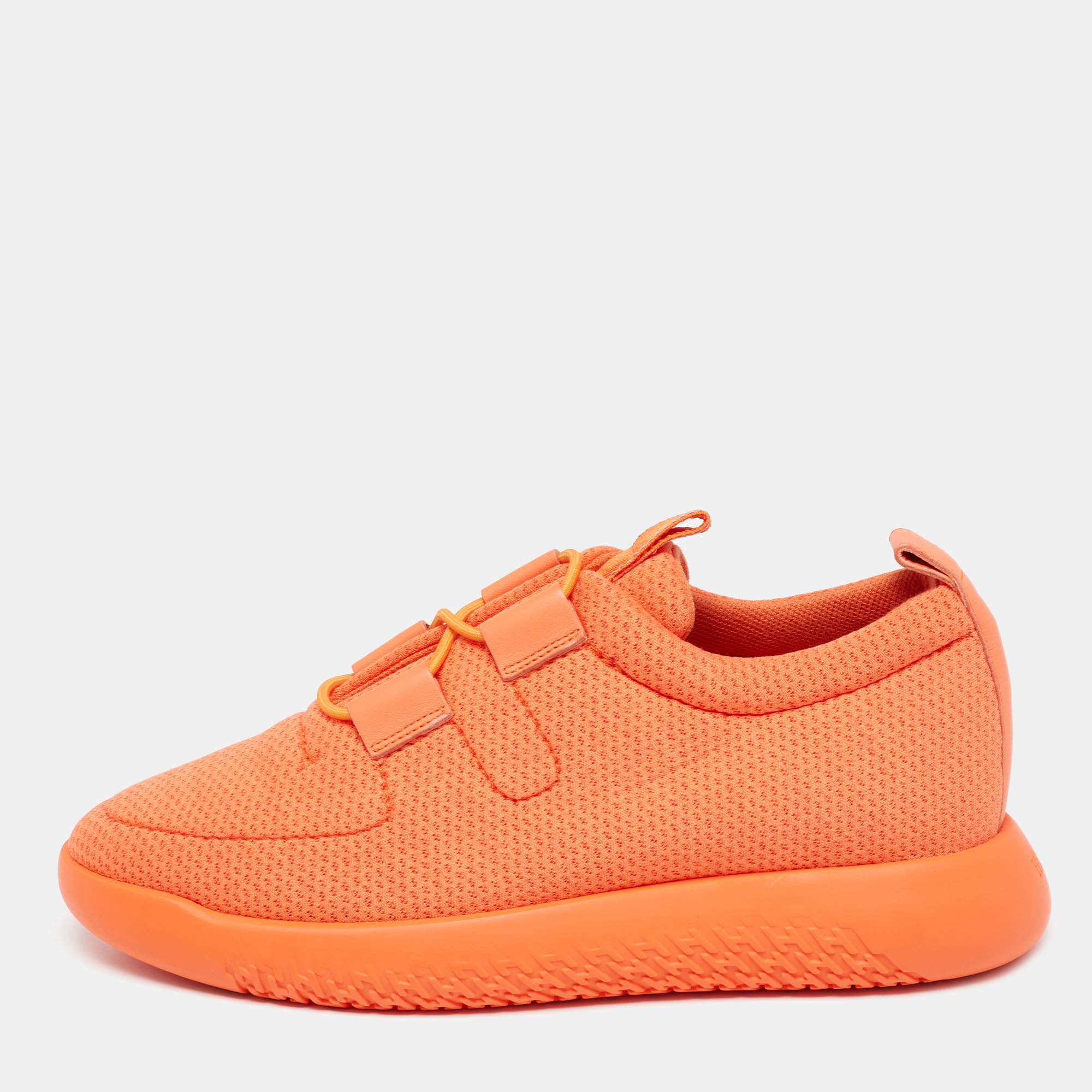 Pre Owned Hermes Orange Leather And Neoprene Low Top Sneakers Size 38