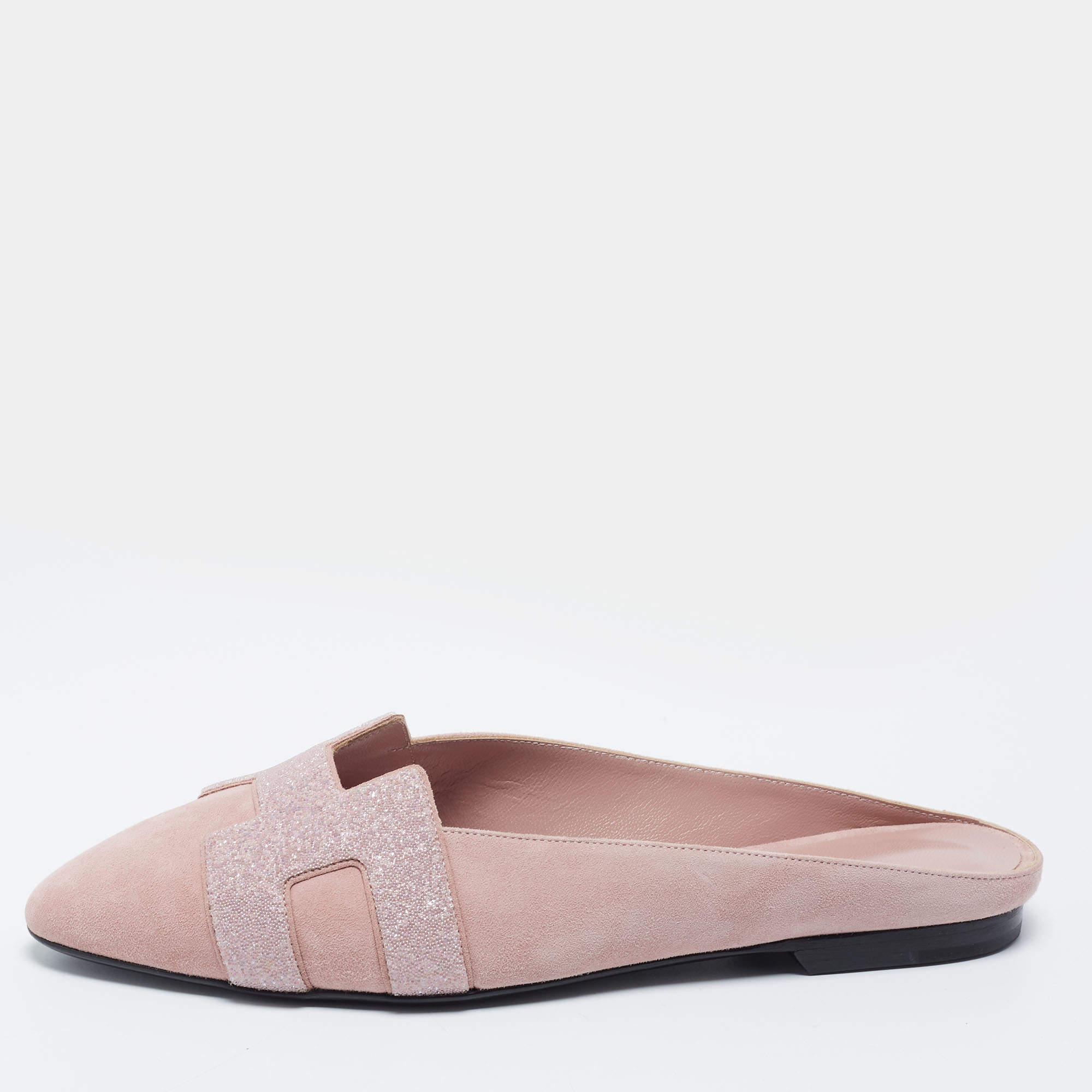 Hermès Pink Suede Roxane Flat Mules  Size 37
