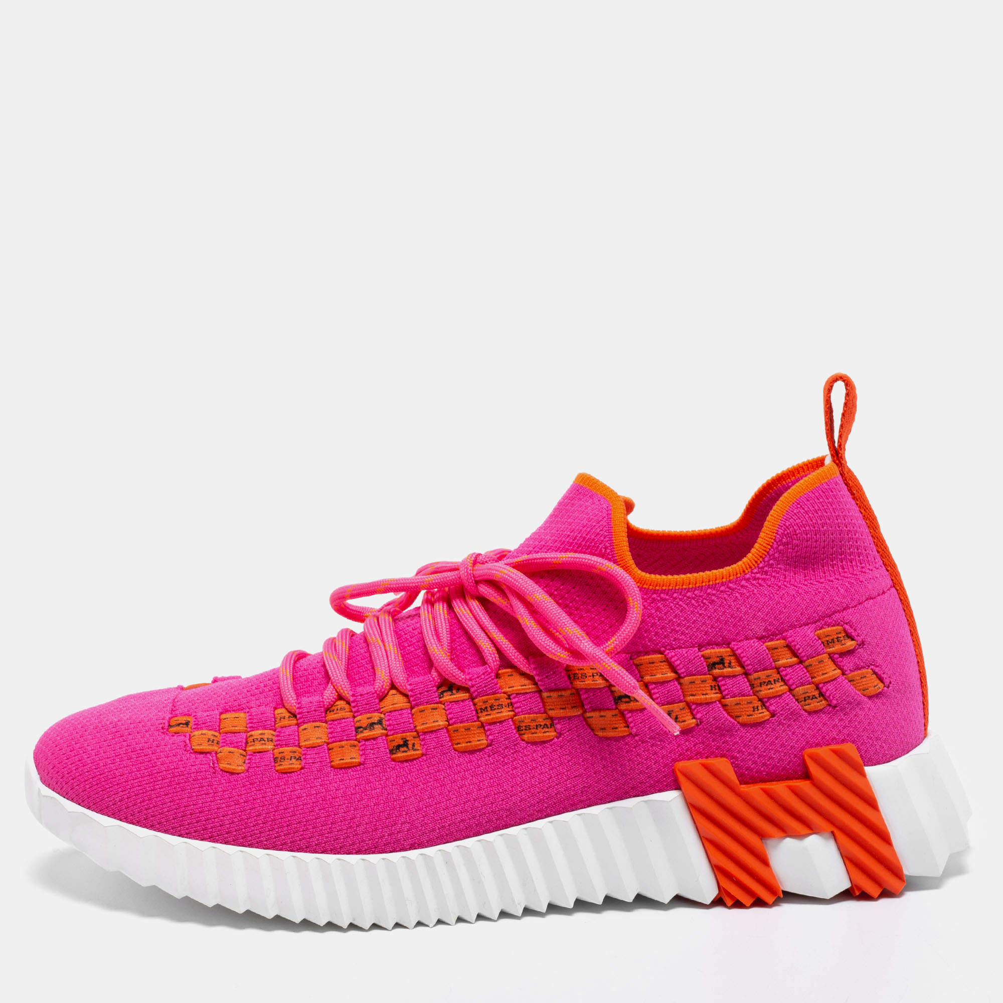 Hermes Pink/Orange Knit Fabric Flex Low Top Sneakers Size 39.5