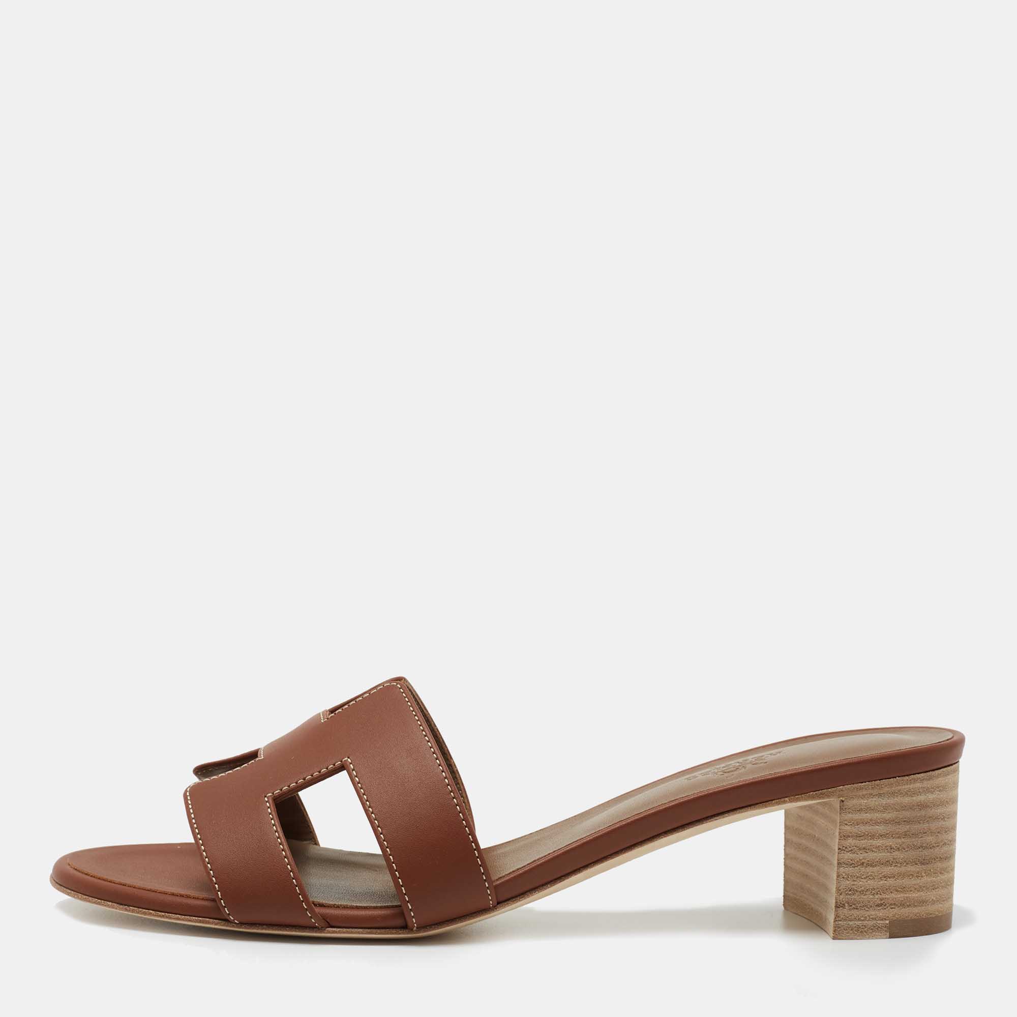 Hermes Brown Leather Oasis Slides Size 41