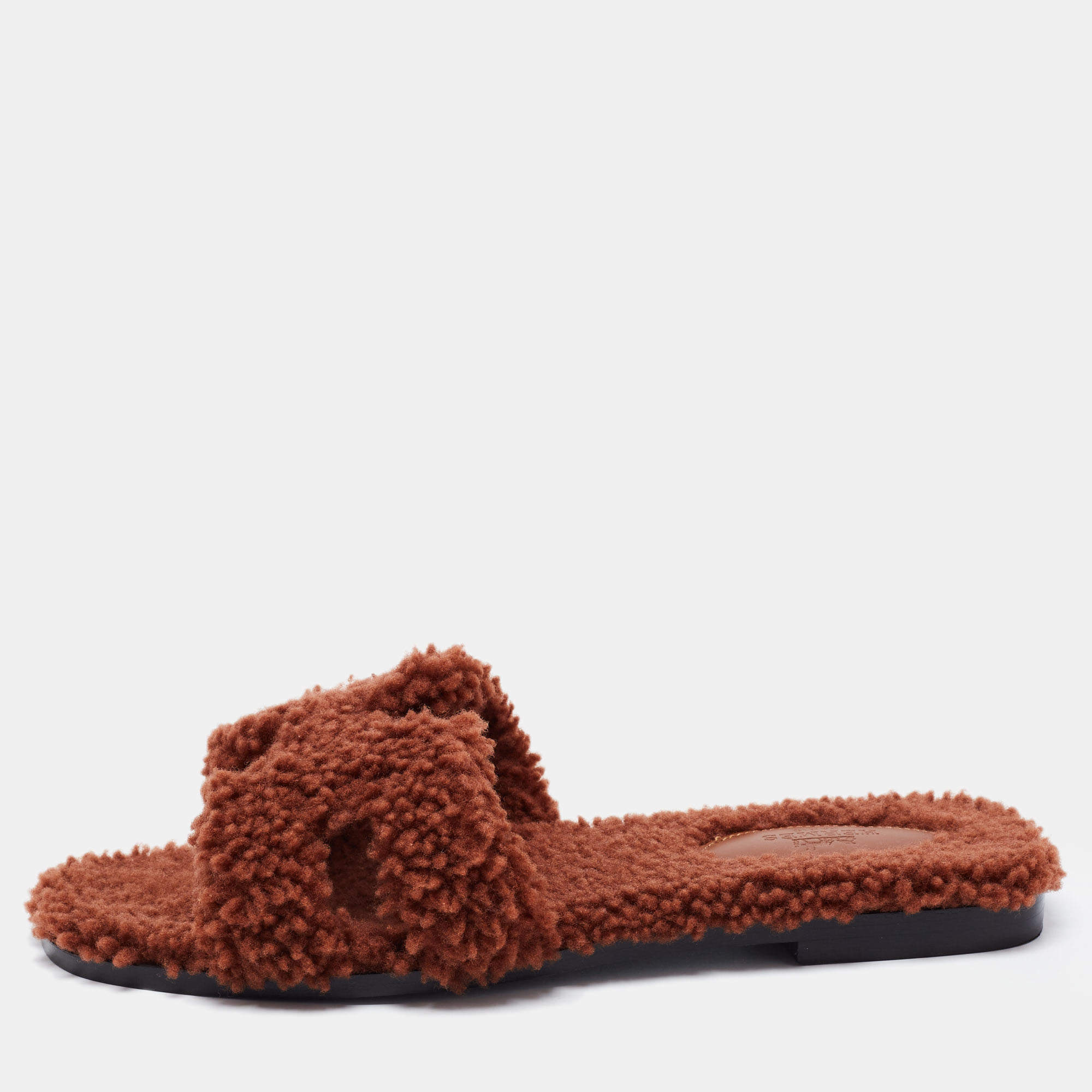 Hermes Brown Shearling Oran Slide Sandals Size 38.5
