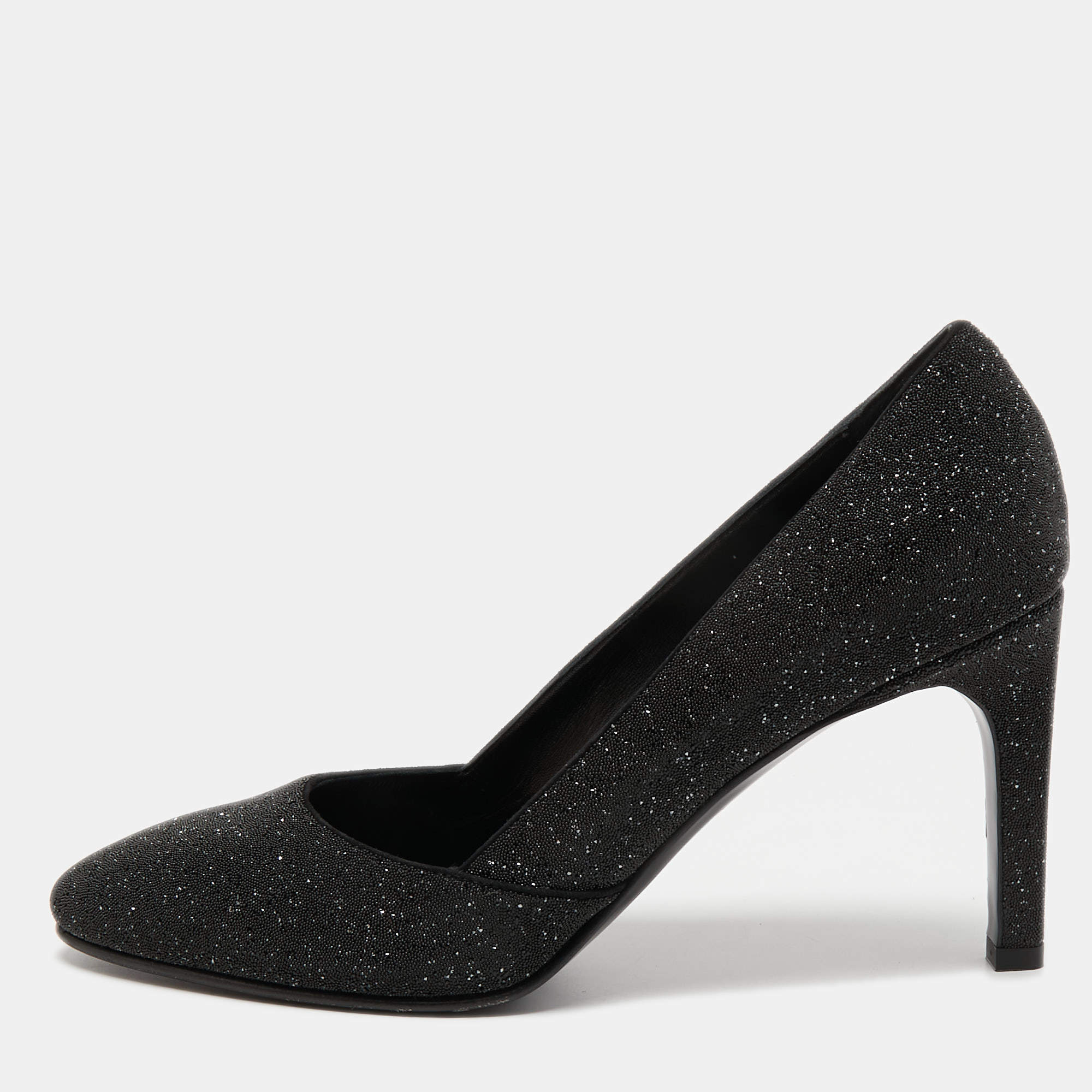 Pre Owned Hermes Black Glitter Round Toe Pumps Size 39.5