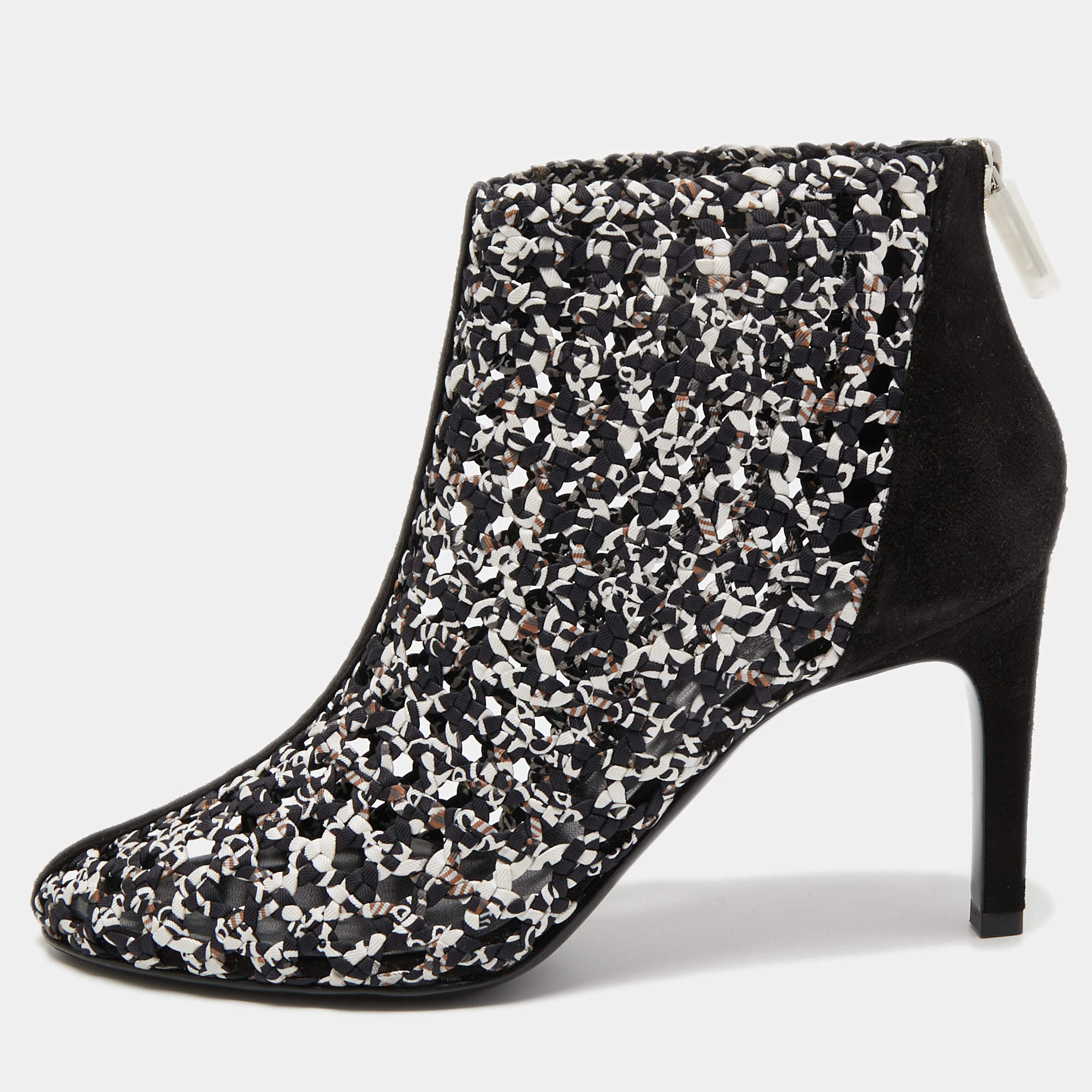 Hermes Black/White Woven Leather and Suede Ankle Boots Size 39 