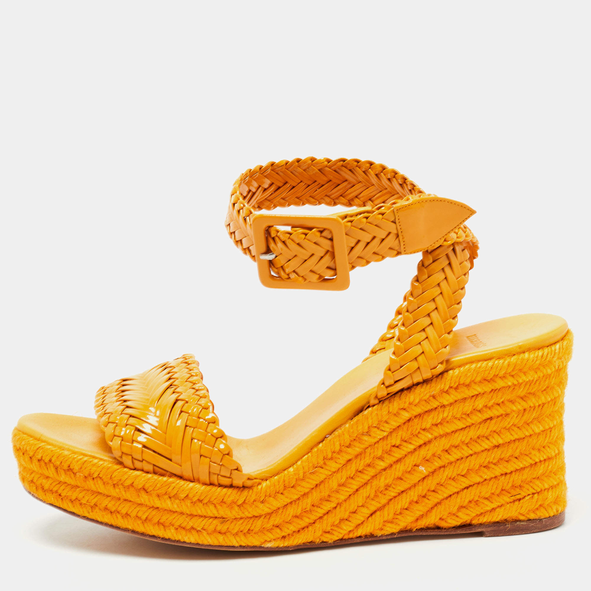 Hermes Light Orange Woven Patent Leather Sophia Espadrille Wedge Sandals Size 41