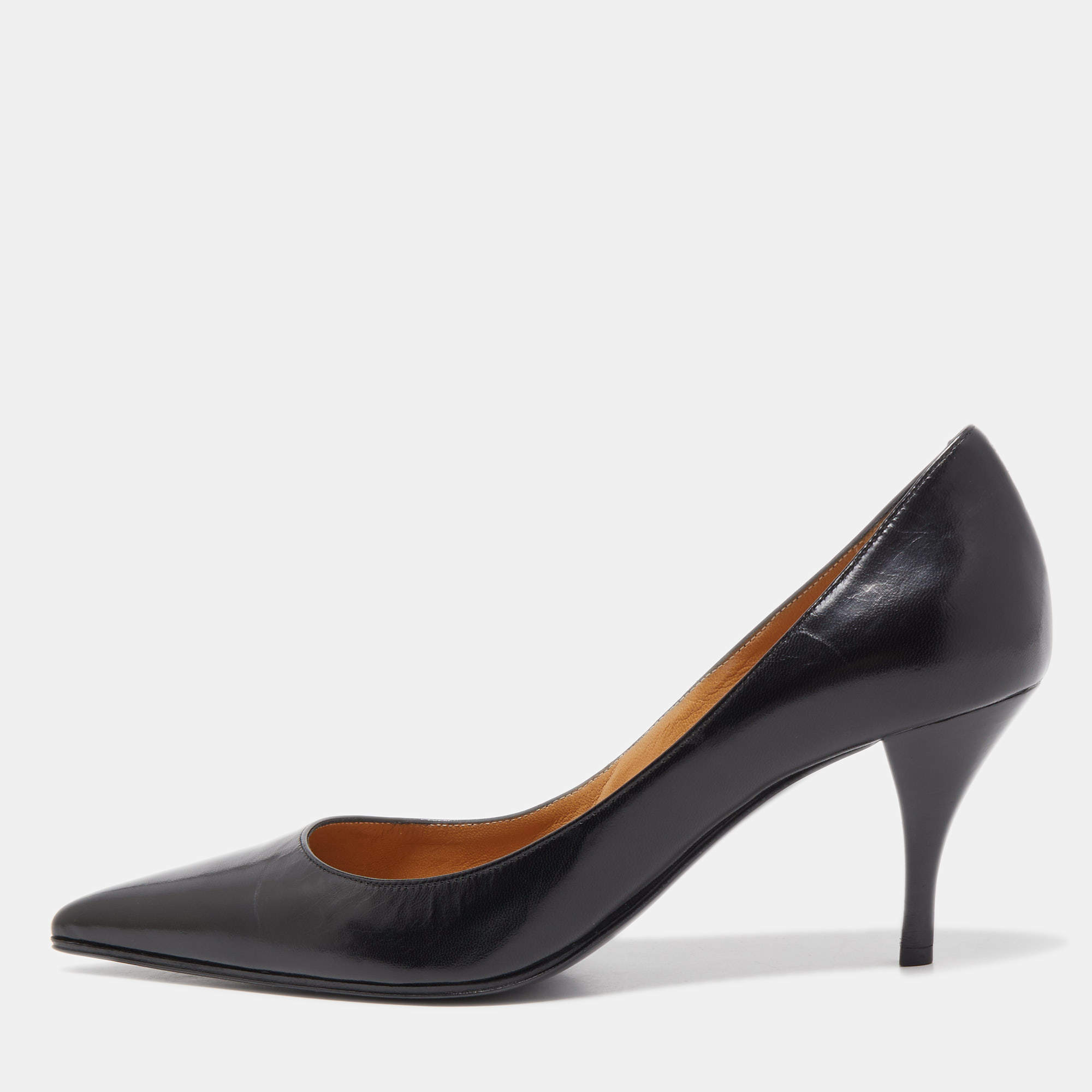 Pre Owned Hermes Black Leather Pointed Toe Pumps Size 37.5