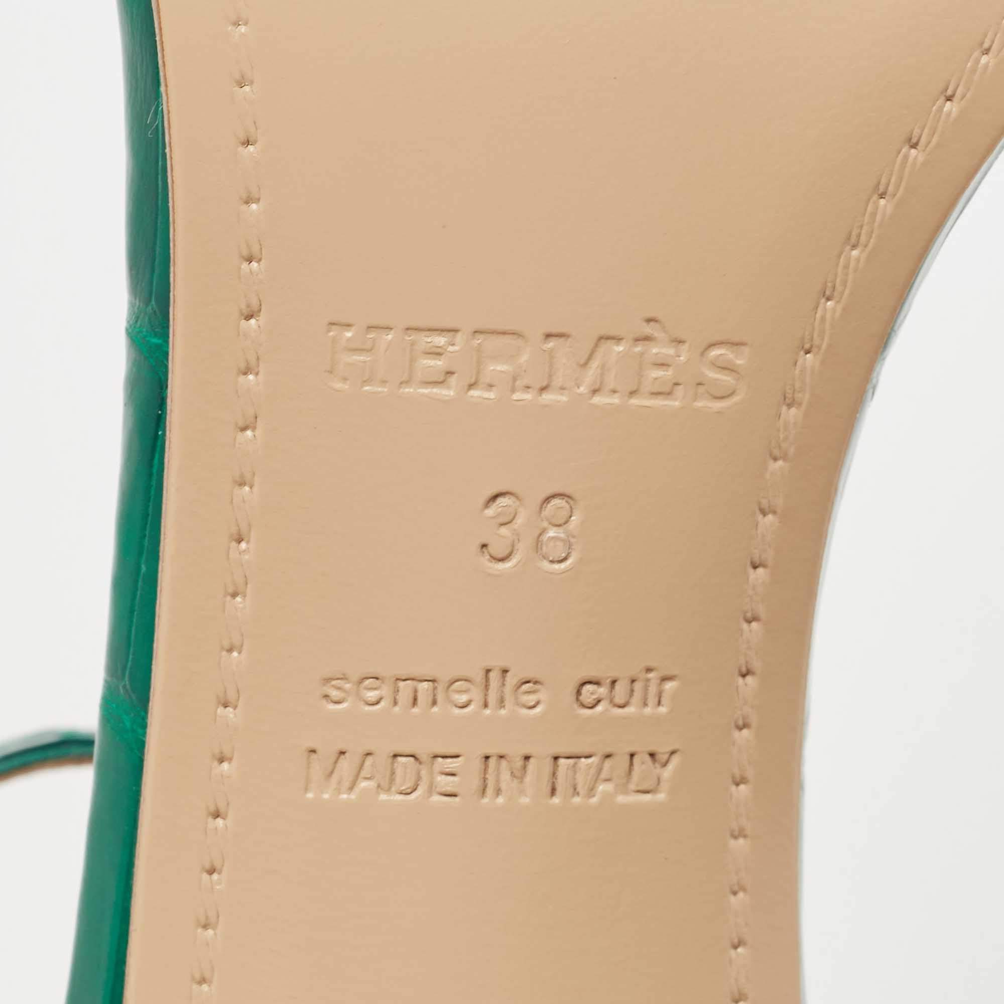 Hermes Green Croc Leather Premiere Ankle Strap Sandals Size 38 Hermes