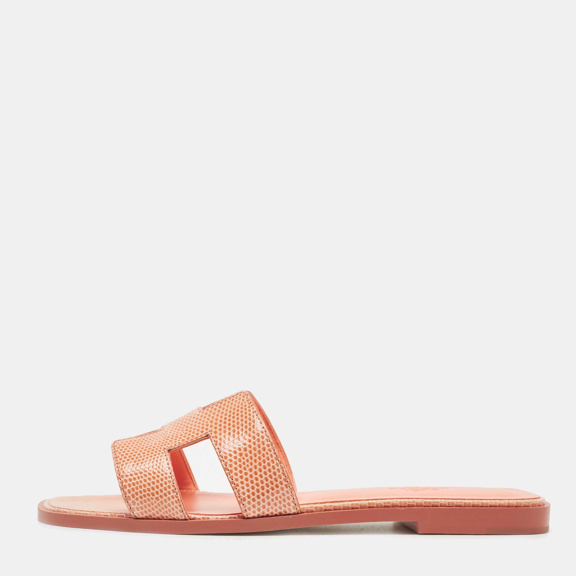 Hermes Orange Lizard Oran Slide Flats Size 38