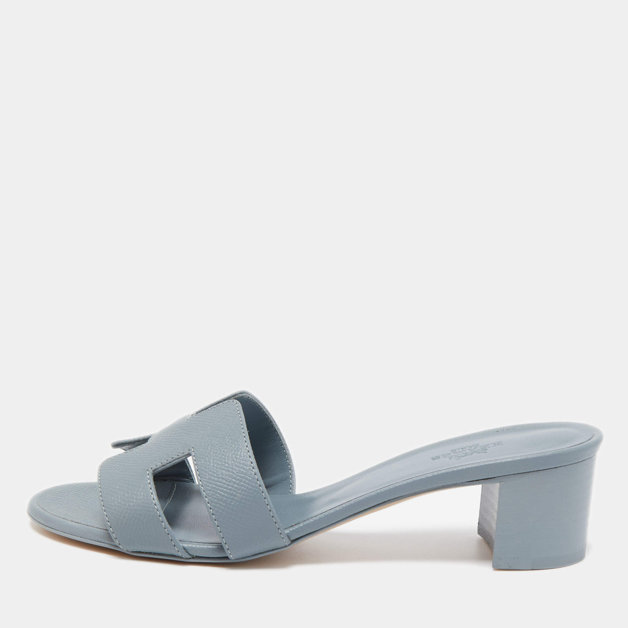 Pre Owned Hermes Grey Leather Oasis Slide Sandals Size 38