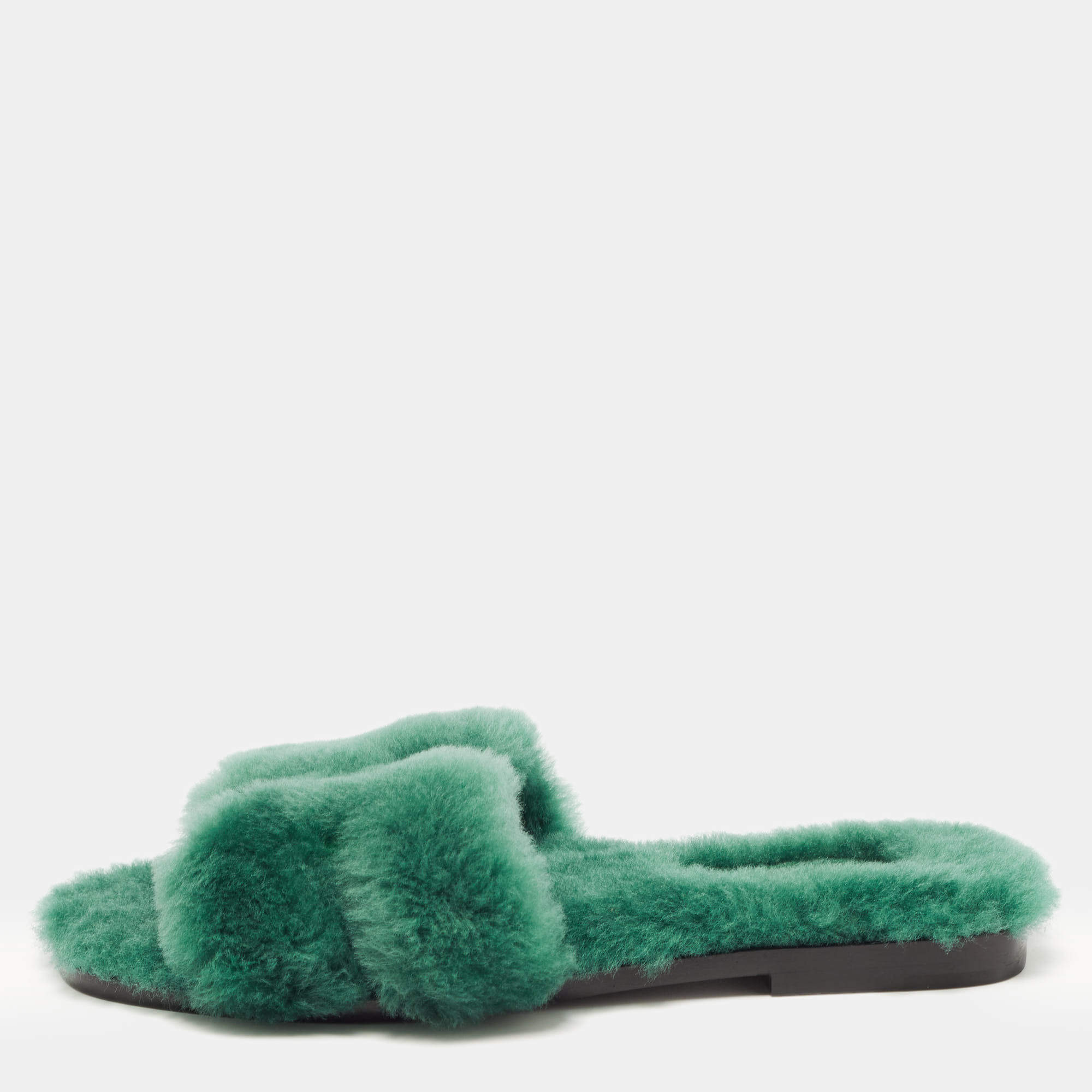 Pre Owned Hermes Green Shearling Fur Oran Flat Slides Size 37