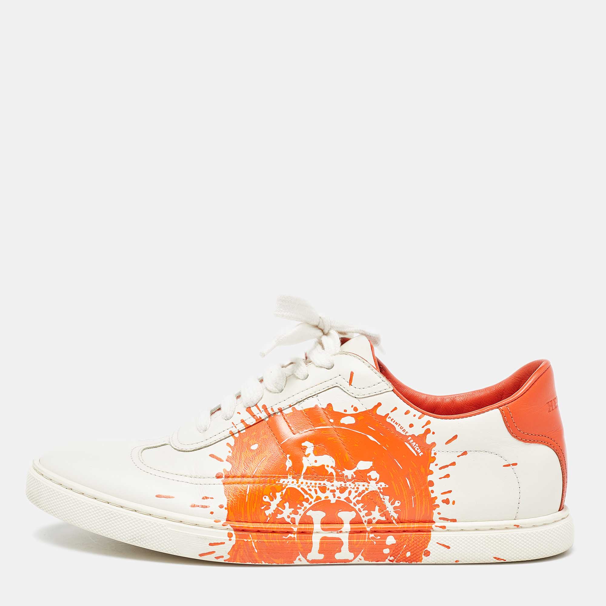Pre Owned Hermes Off White/Orange Leather Splash Quicker Sneakers Size 39.5