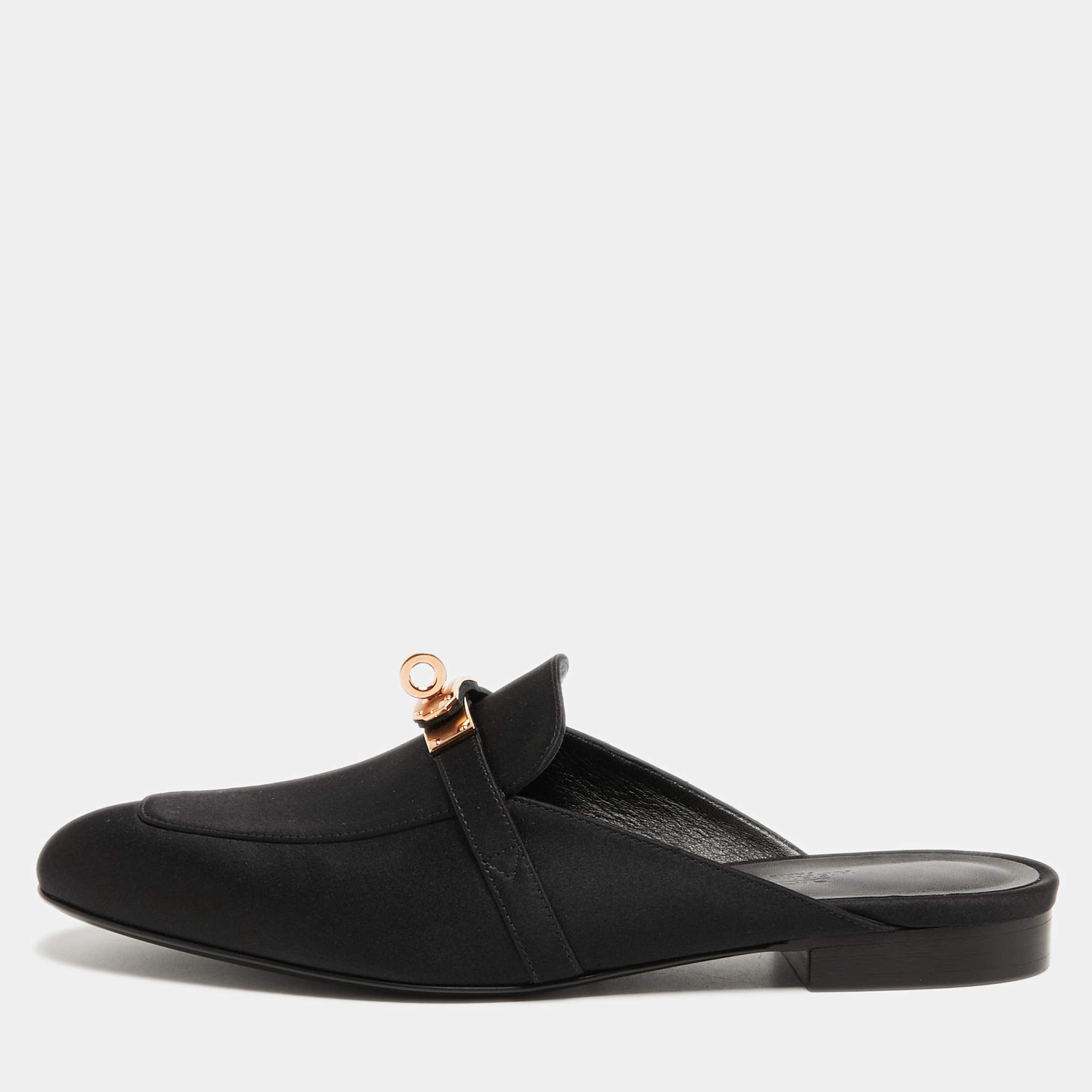 Hermes Black Satin Oz Mules Size 37.5