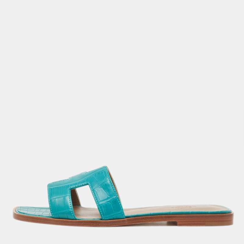 Hermes Green Matt Crocodile Oran Flat Slides Size 38.5