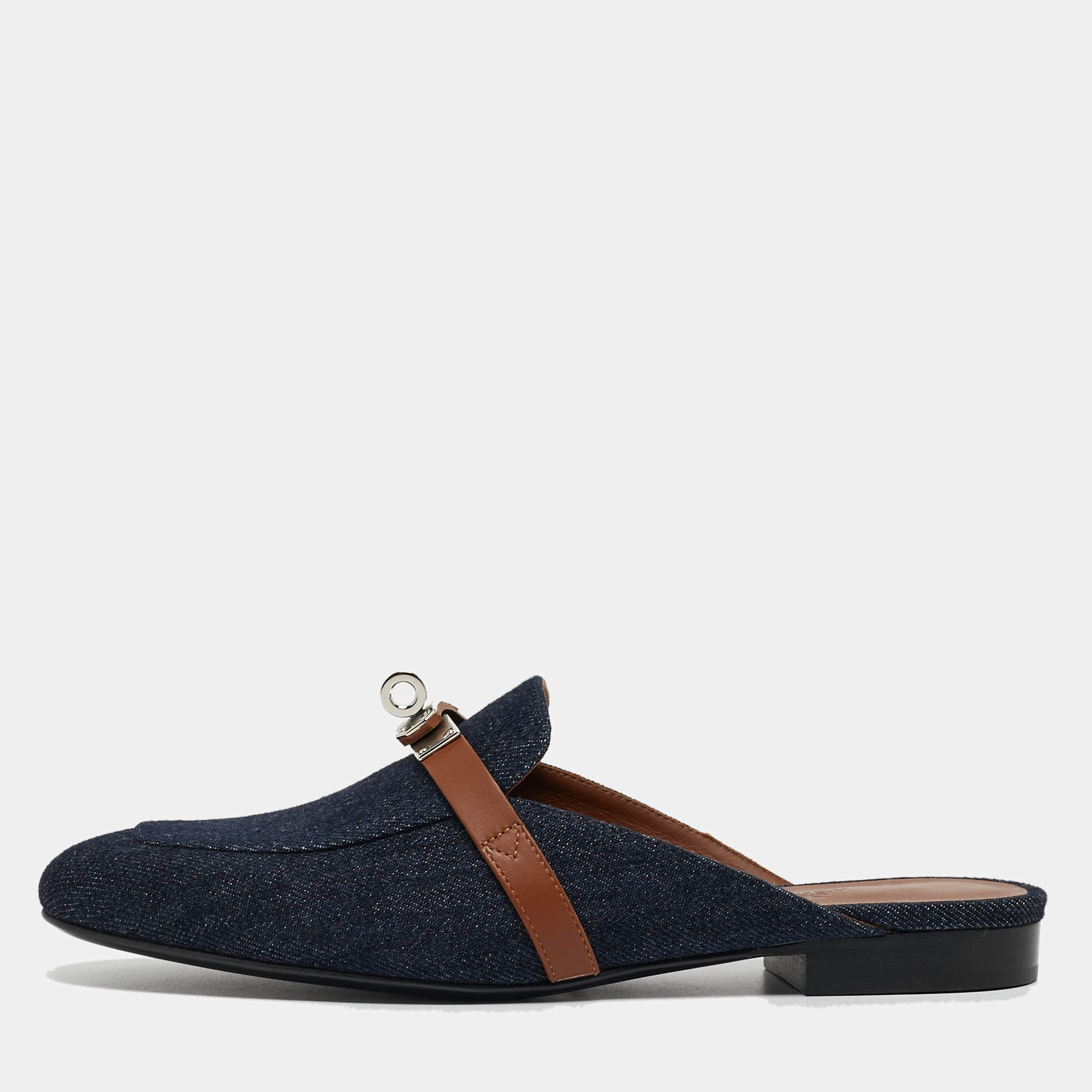 Hermes Navy Blue/Tan Denim and Leather Oz Flat Mules Size 37