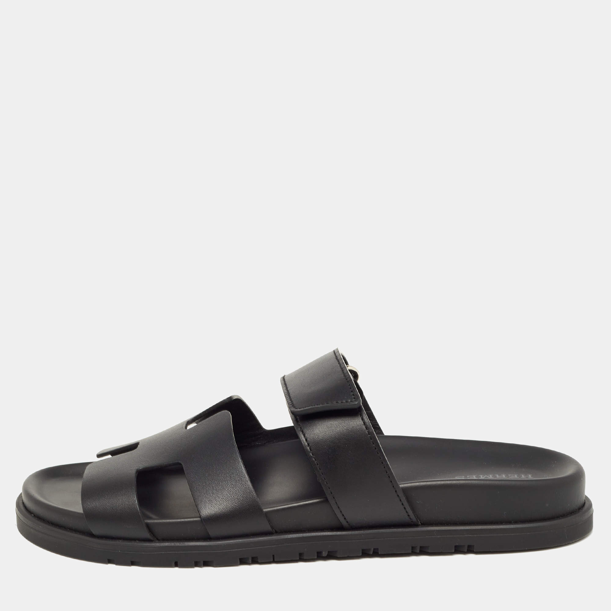 Hermes Black Leather Chypre Sandals Size 39.5