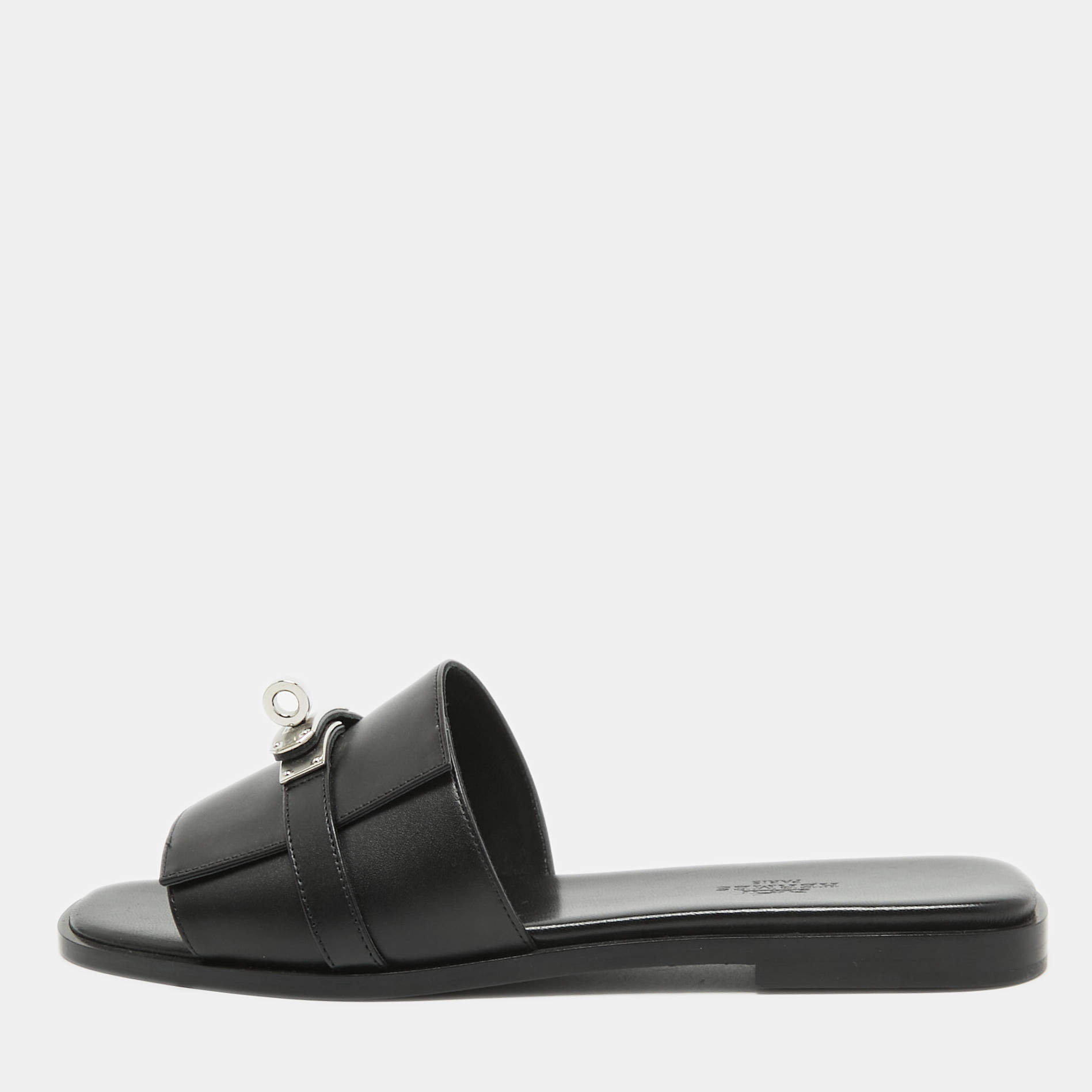 مملوكة مسبقًا Hermes Black Leather Gabriel Flat Slides Size 38